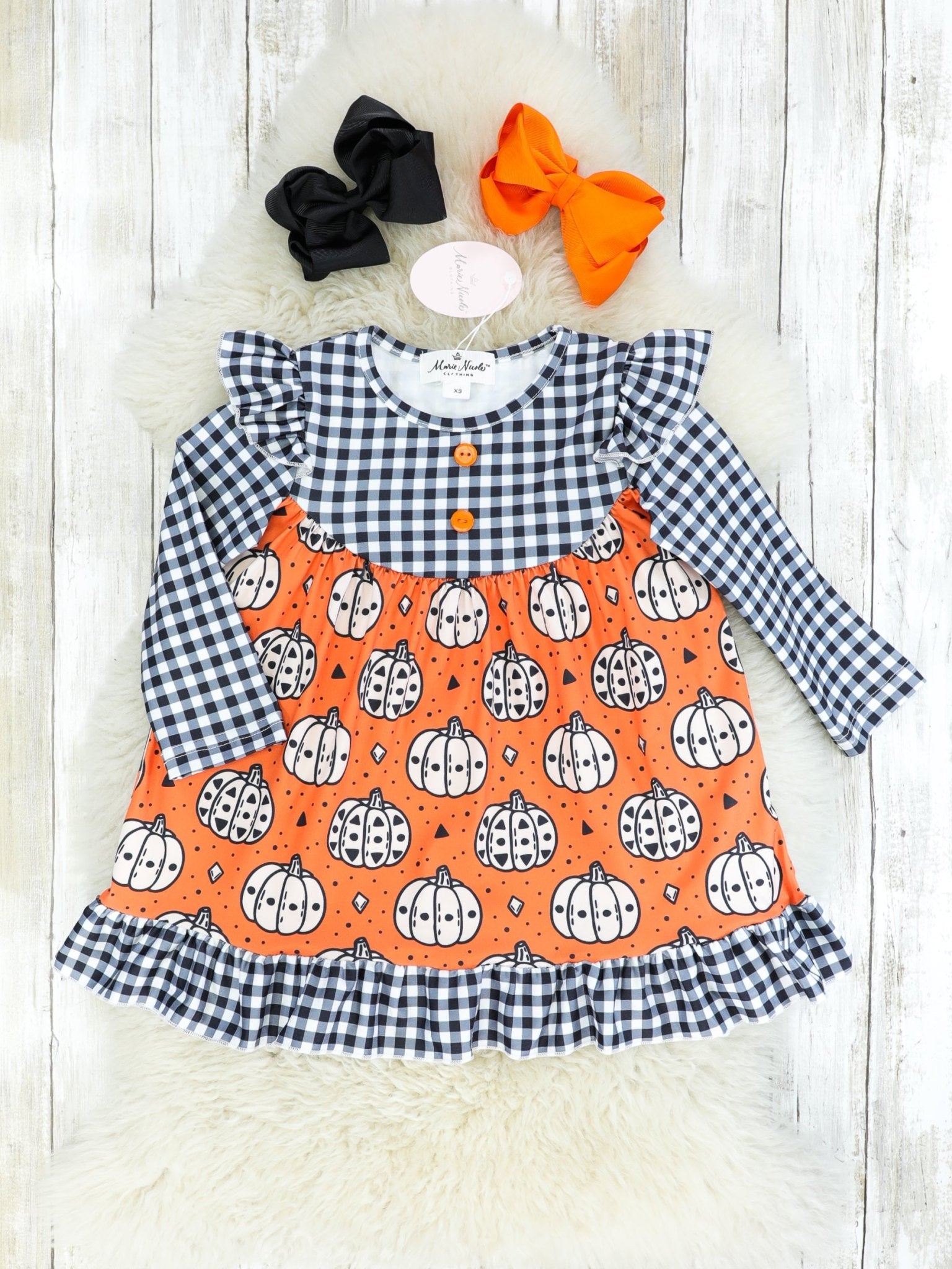 Orange Gingham Pumpkin Ruffle Dress - Marie Nicole Clothing