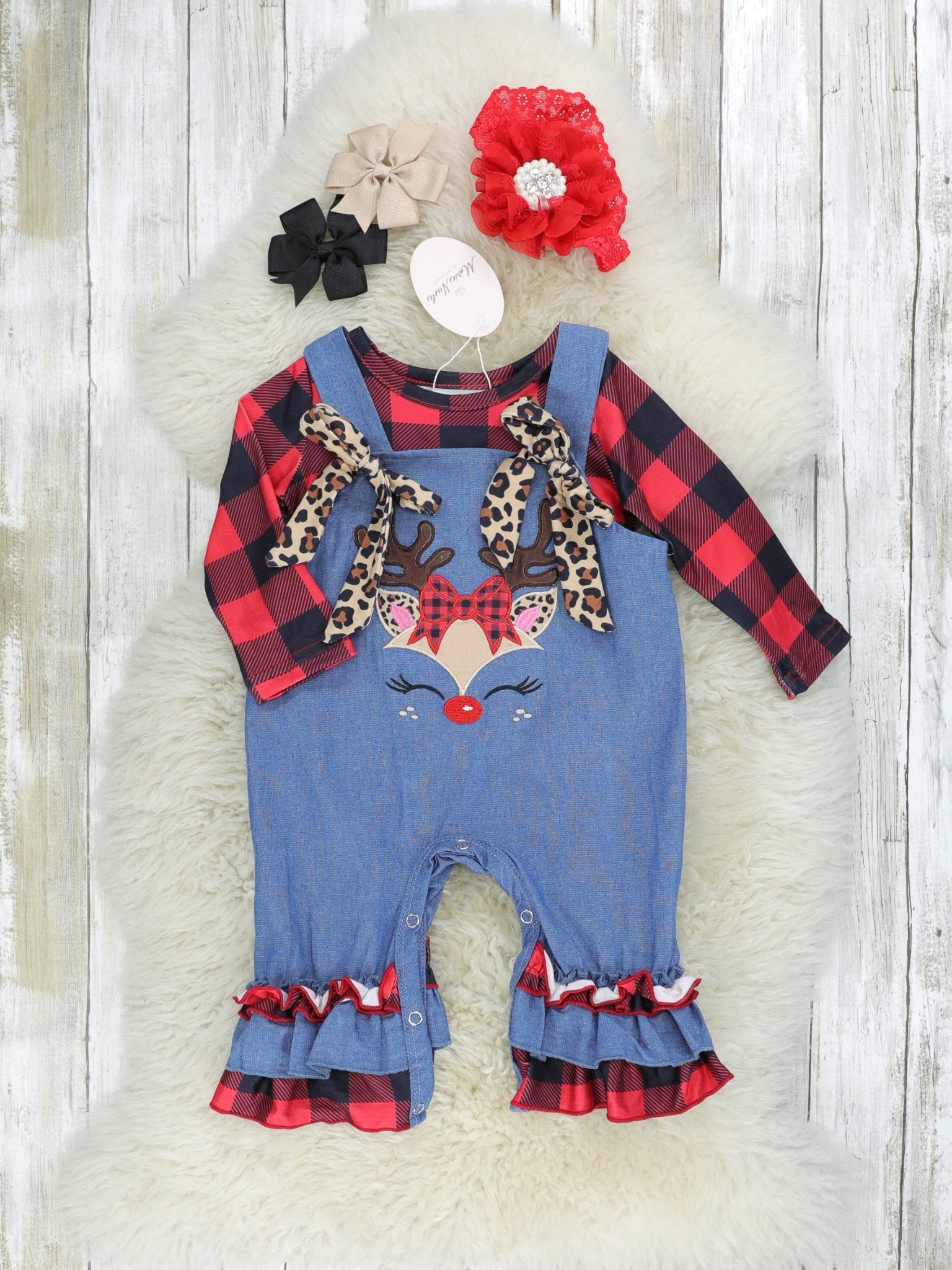 Buffalo Plaid & Leopard Reindeer Romper - Marie Nicole Clothing