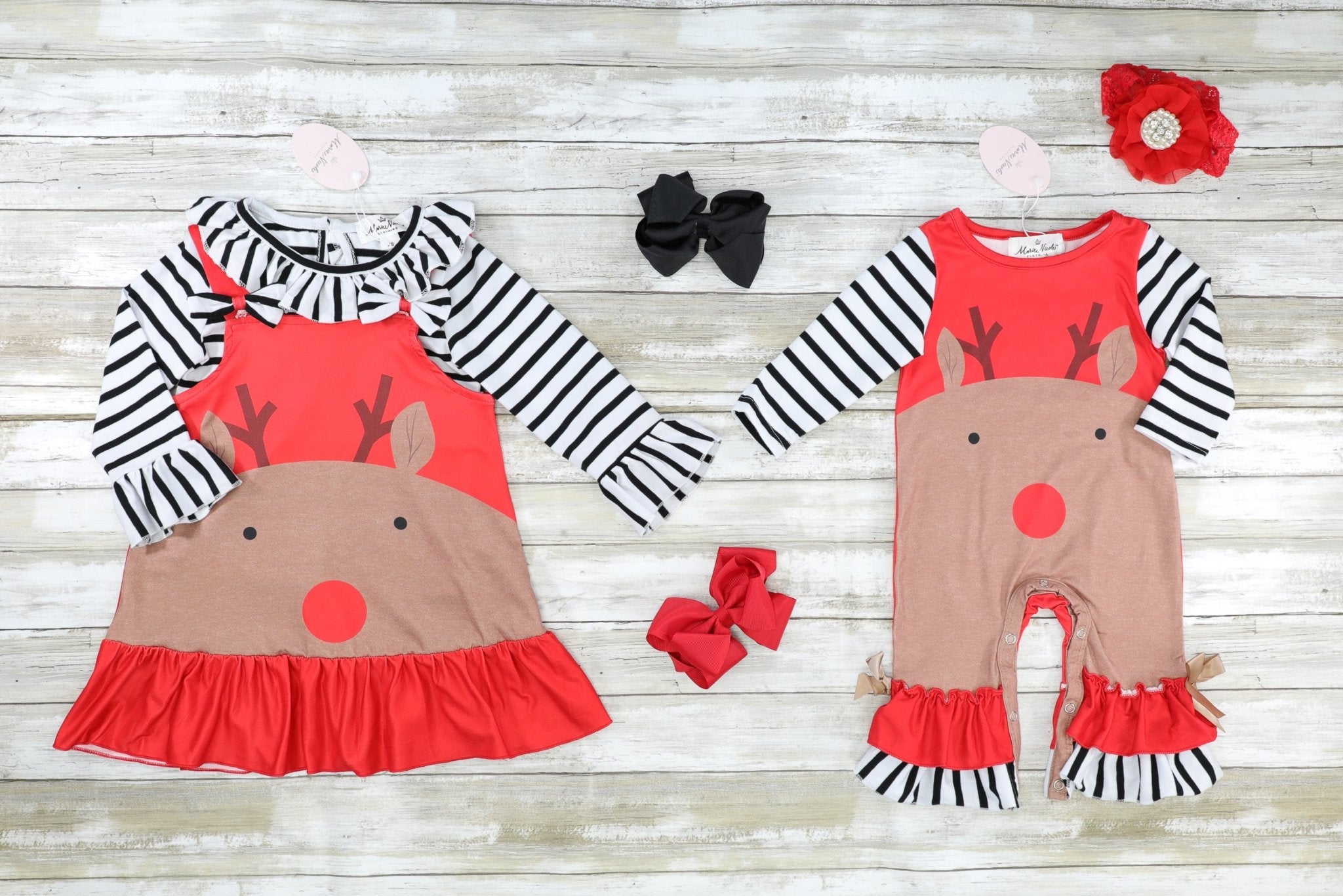 Red Striped Reindeer Ruffle Romper - Marie Nicole Clothing