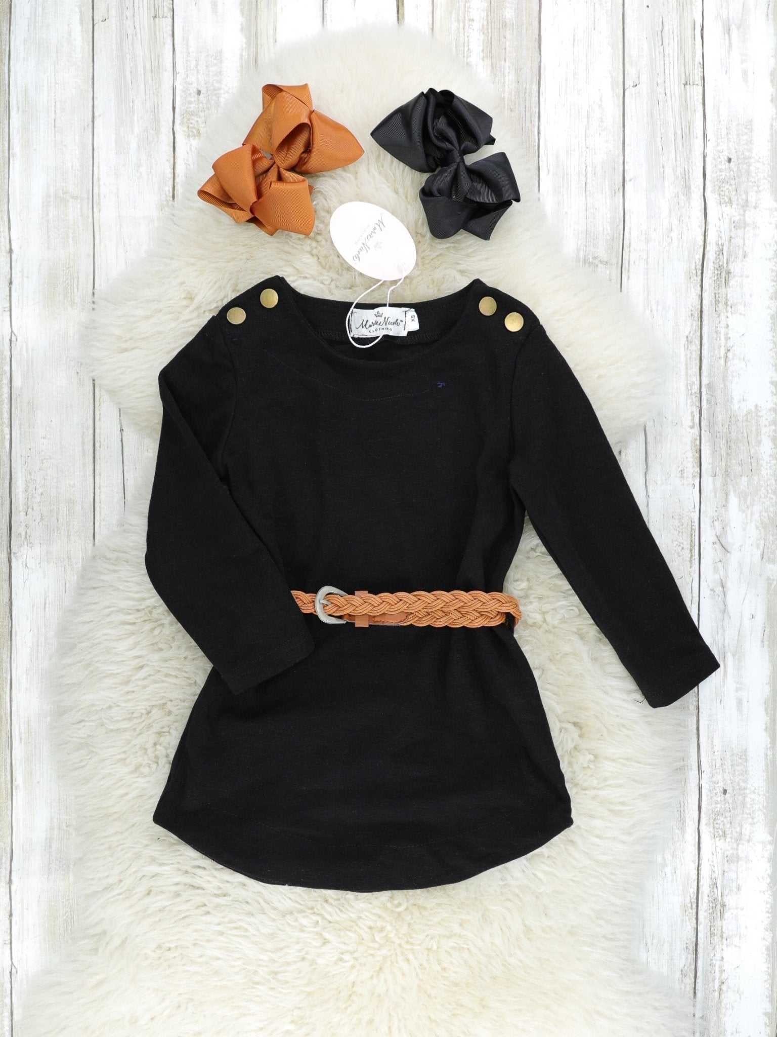 Mom & Me Black Button Dress W/ Braided Belt - Marie Nicole Clothing