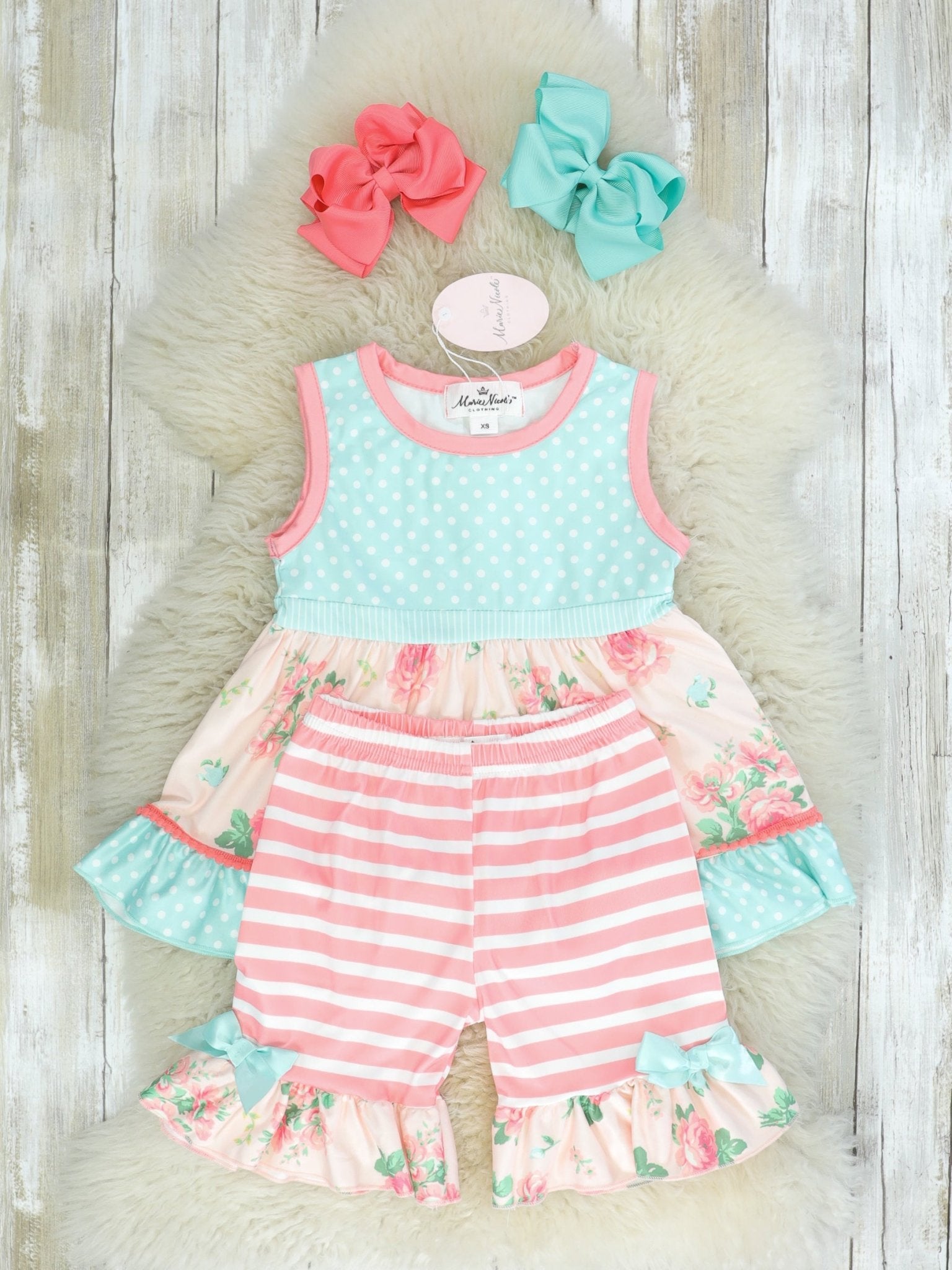 Blue Polka Dot Floral Ruffle Outfit - Marie Nicole Clothing