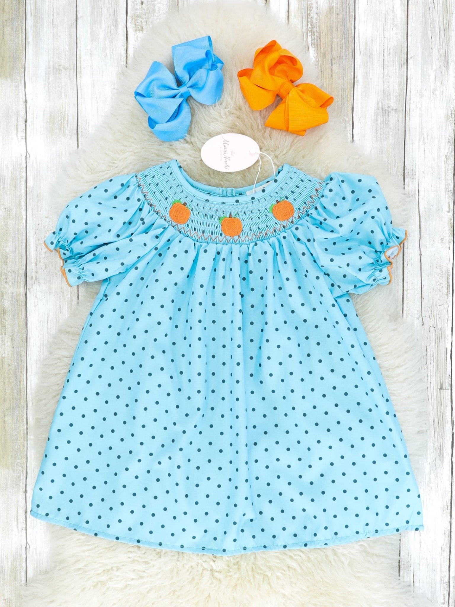 Blue Polka Dotted Smocked Pumpkin Dress - Marie Nicole Clothing