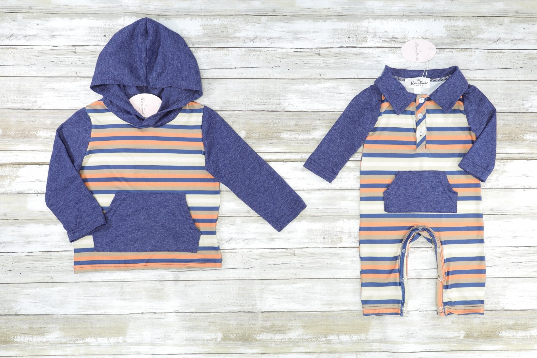 Orange & Navy Striped Raglan Polo Romper - Marie Nicole Clothing