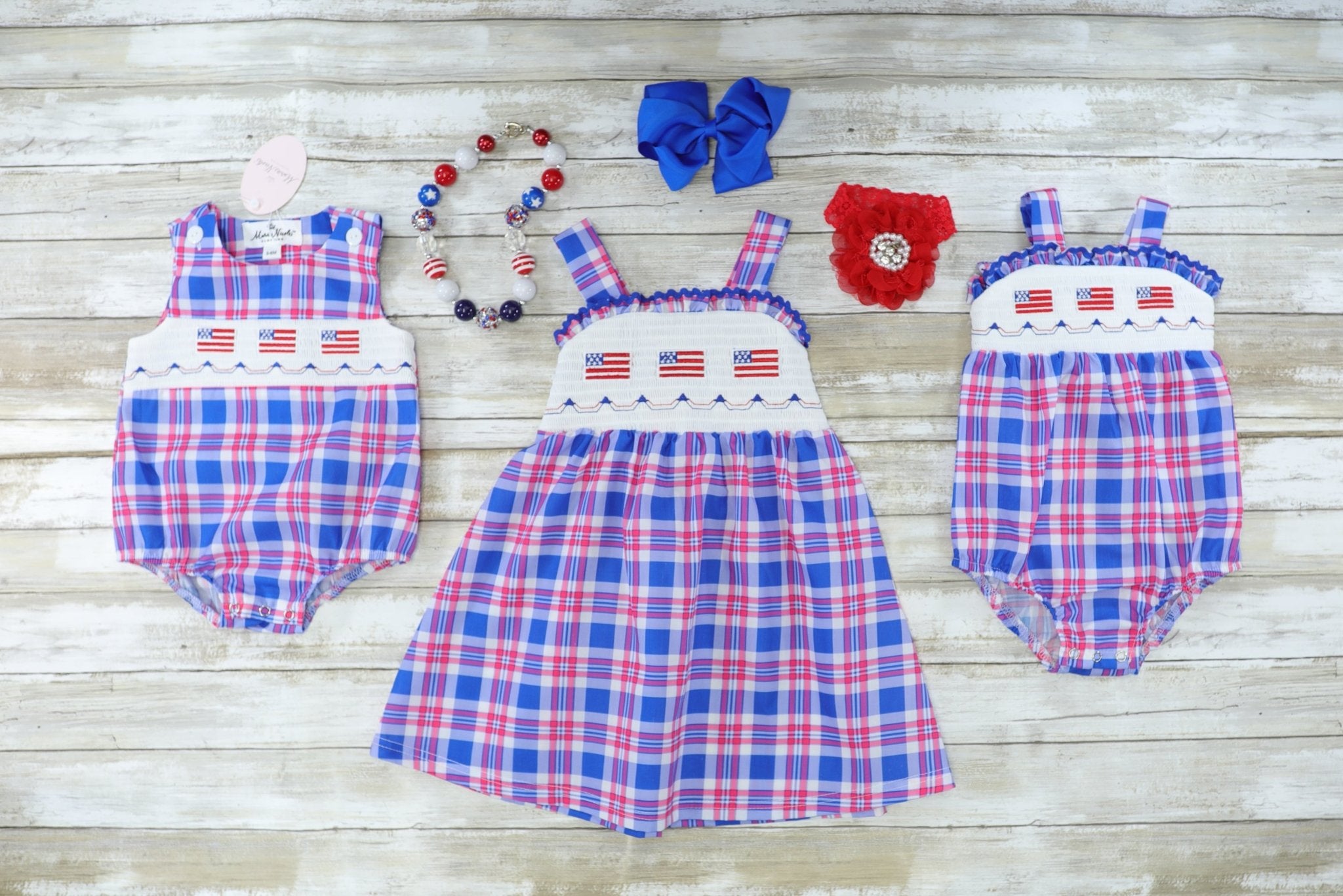 Flag Smocked Plaid Romper - Marie Nicole Clothing