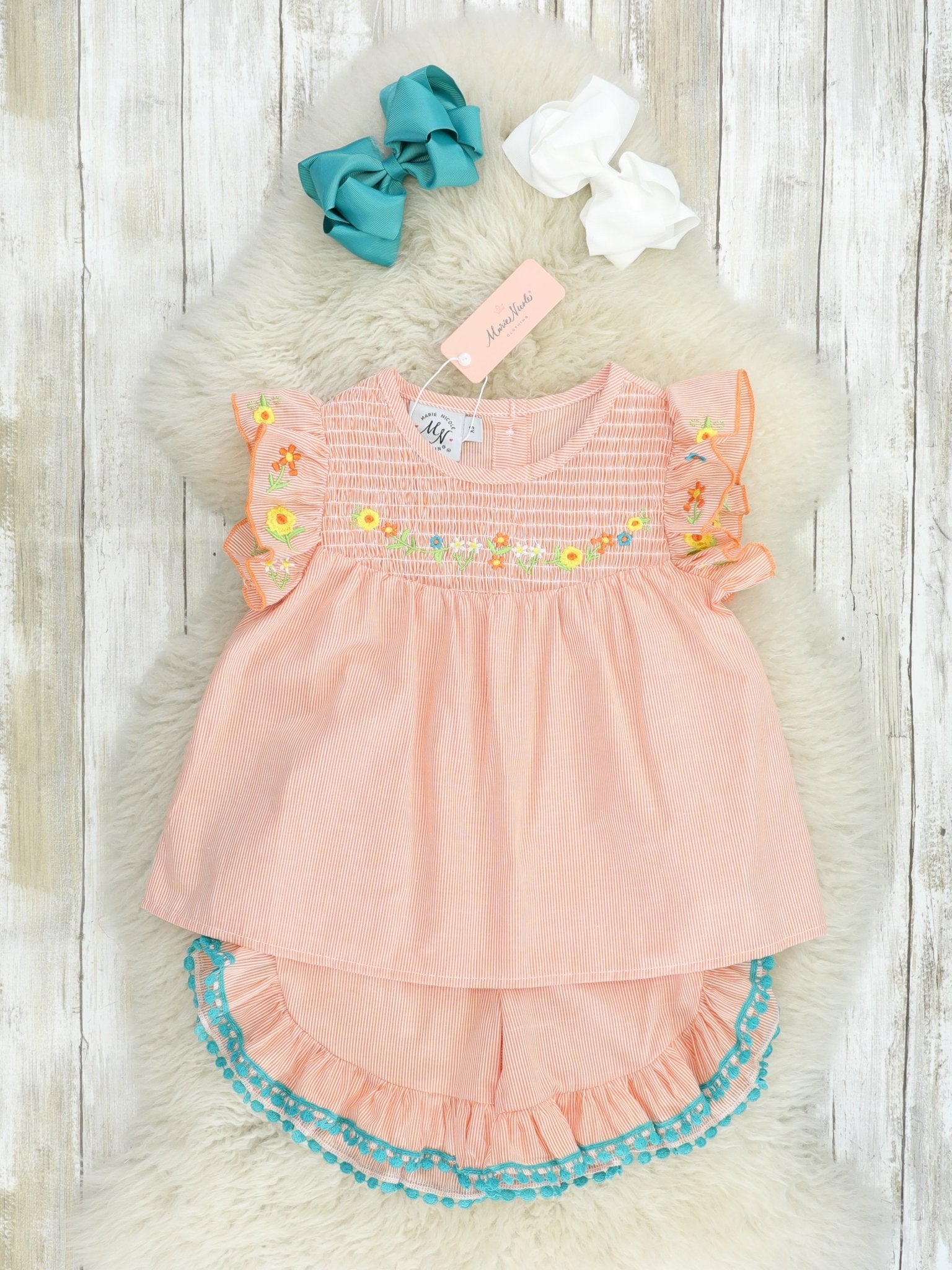 Light Orange Smocked Floral Ruffle Outfit - Marie Nicole Clothing