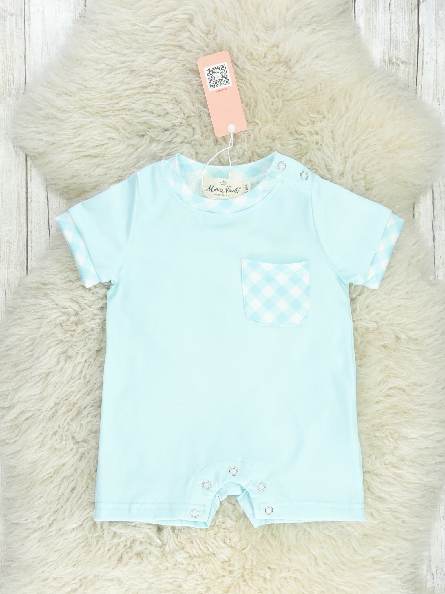 Powder Blue Gingham Romper Marie Nicole Clothing