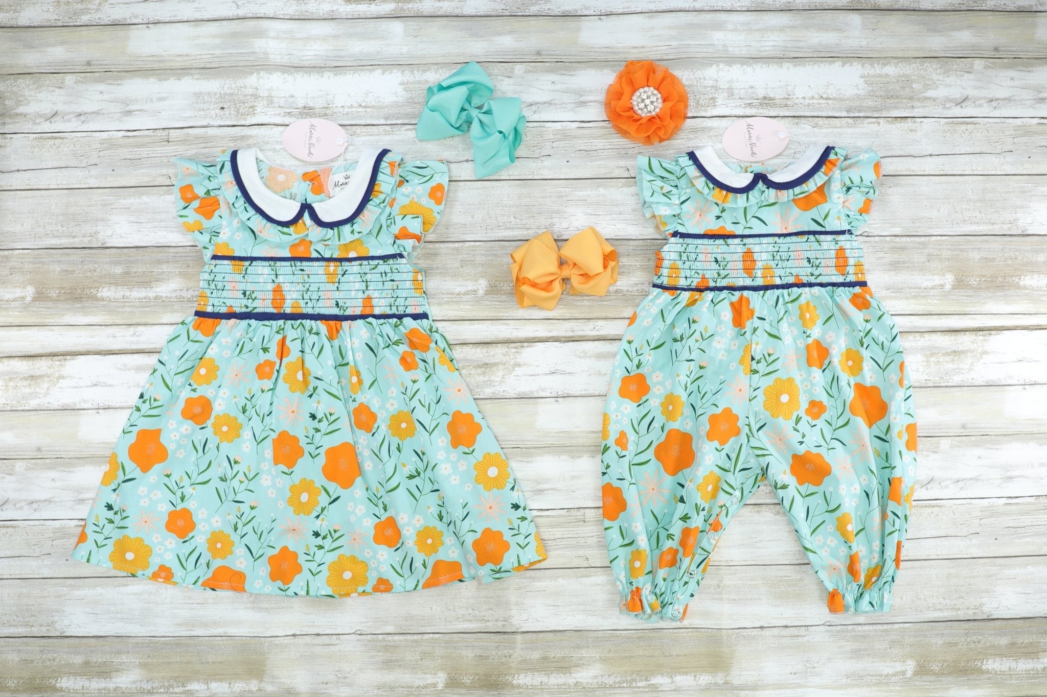 Blue, Orange, & Yellow Floral Smocked Romper - Marie Nicole Clothing