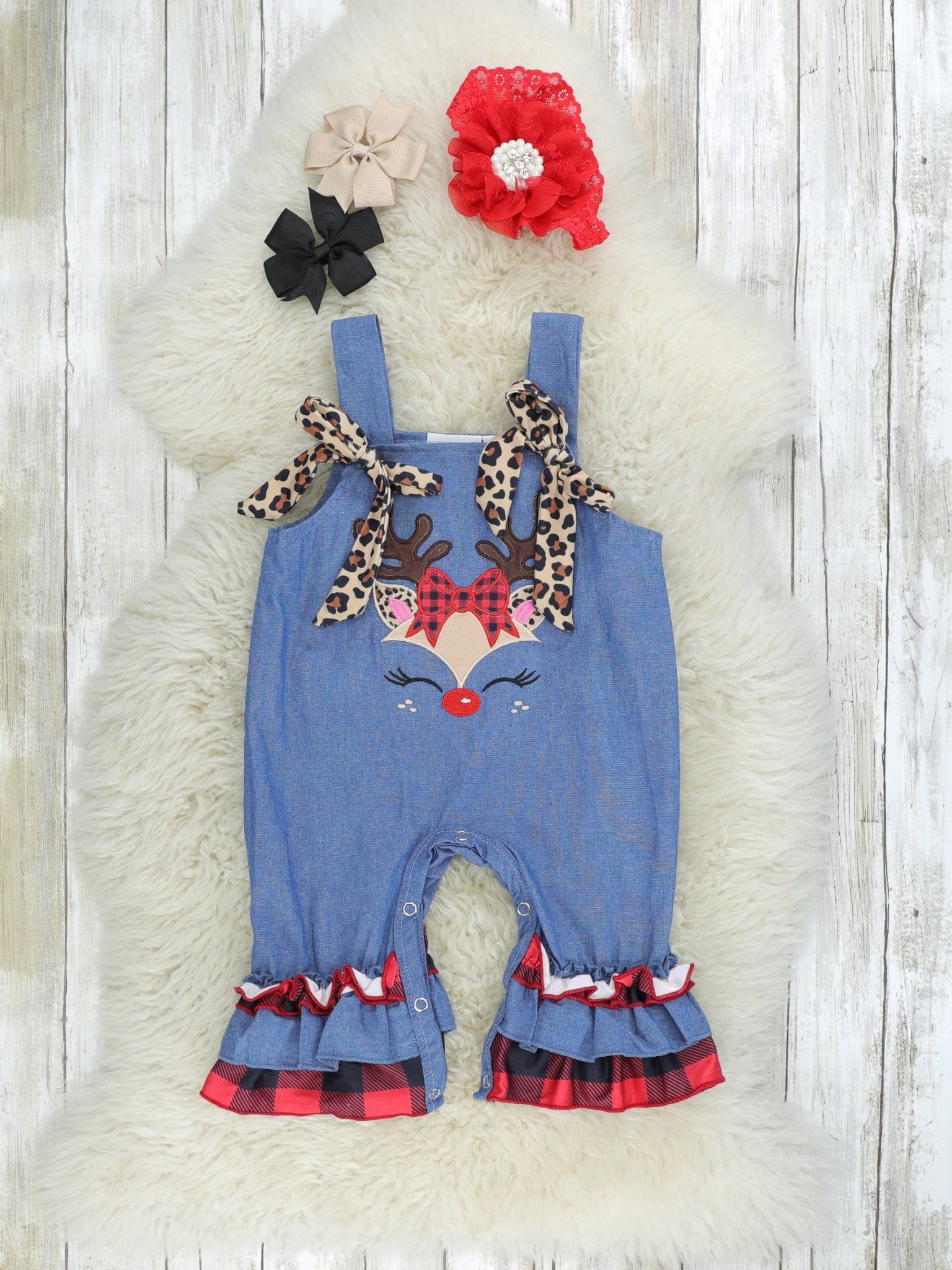 Buffalo Plaid & Leopard Reindeer Romper - Marie Nicole Clothing