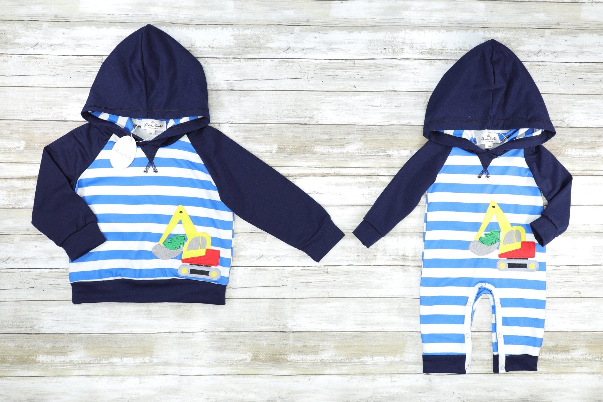 Blue Striped Excavator Hoodie Romper - Marie Nicole Clothing