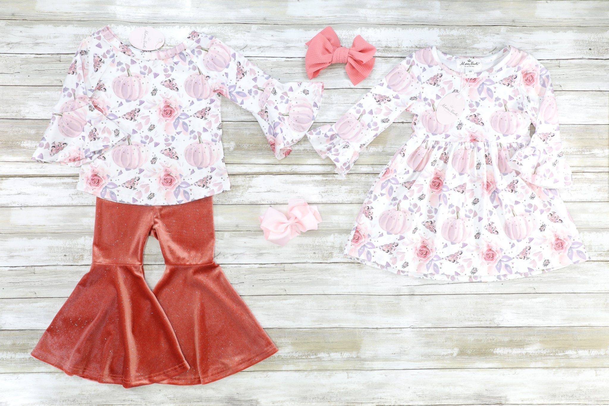 Pink Floral Pumpkin Top & Velvet Bell Bottoms - Marie Nicole Clothing