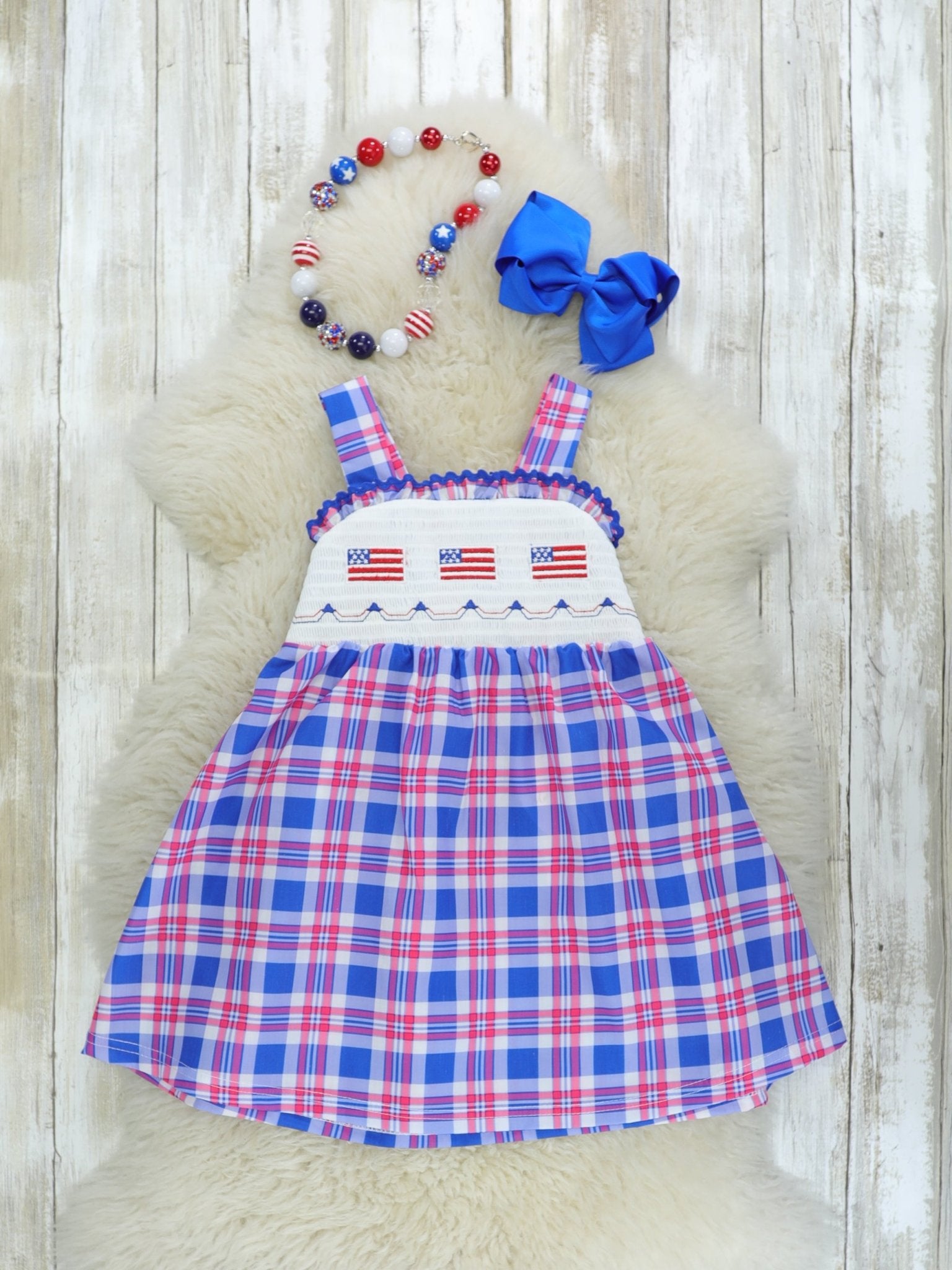 Flag Smocked Plaid Ruffle Dress - Marie Nicole Clothing