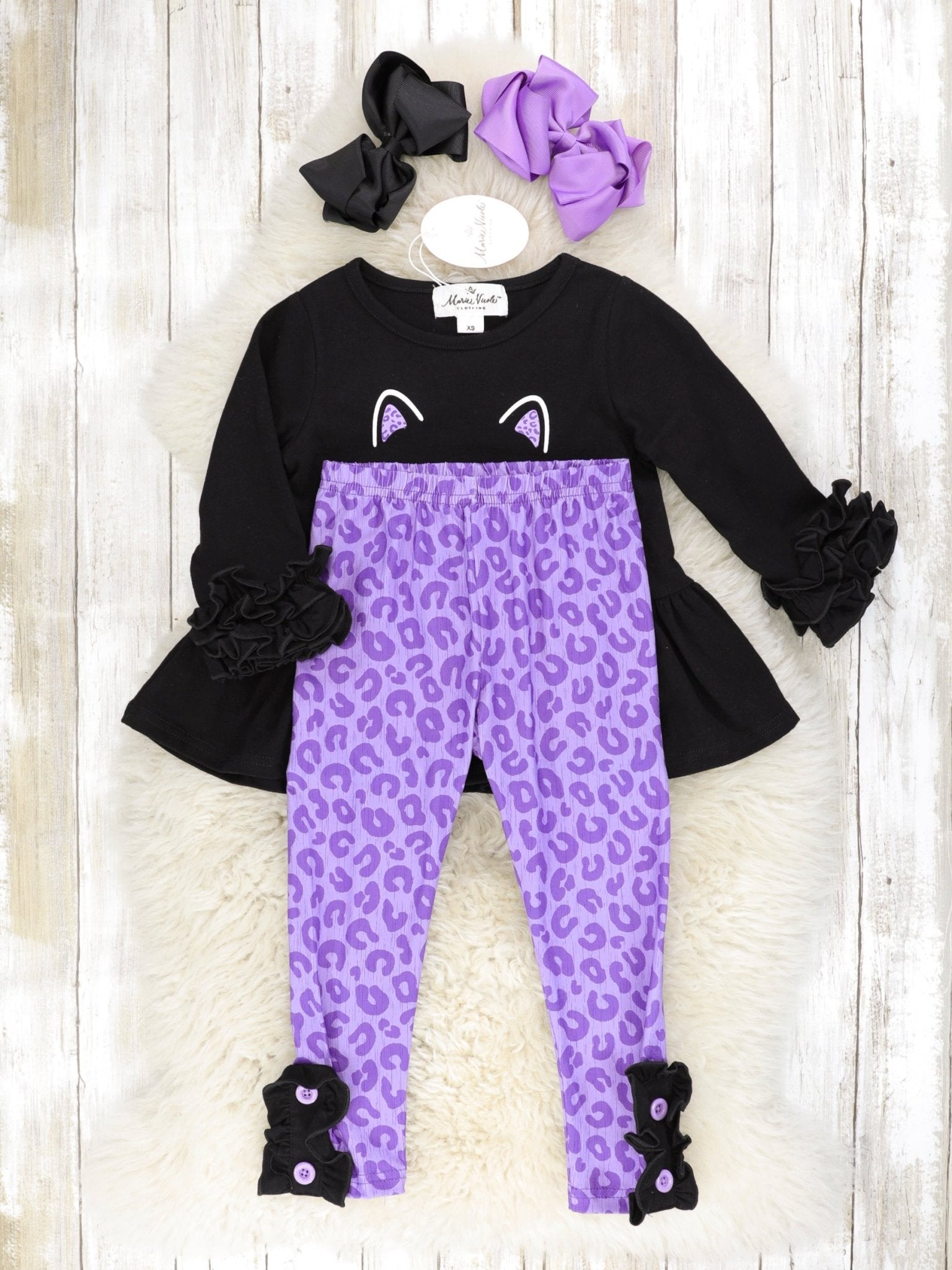 Black Cat Ruffle Peplum Top & Purple Leopard Print Bottoms Outfit - Marie Nicole Clothing