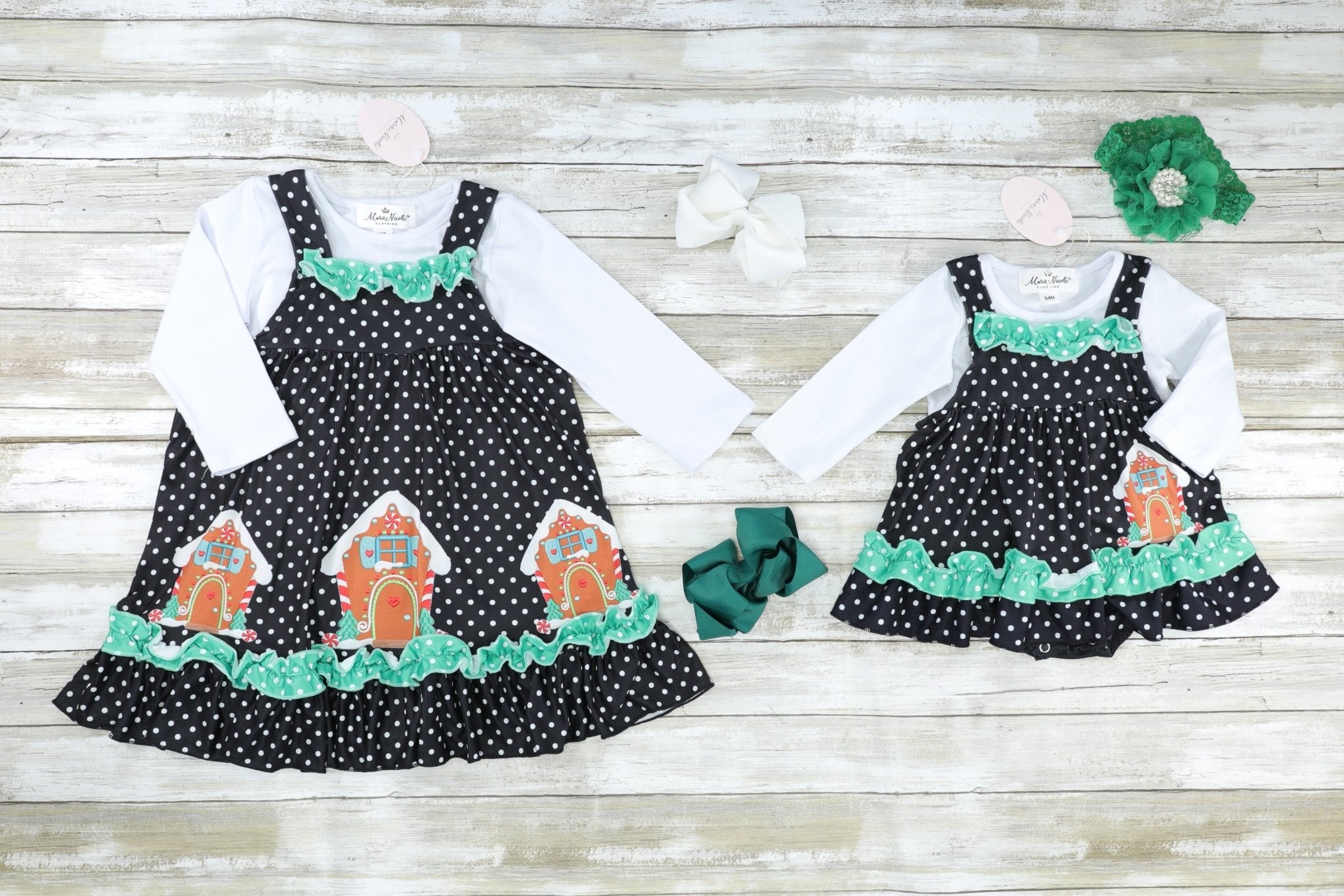 Black Polka Dot Gingerbread Dress W/ White Shirt - Marie Nicole Clothing