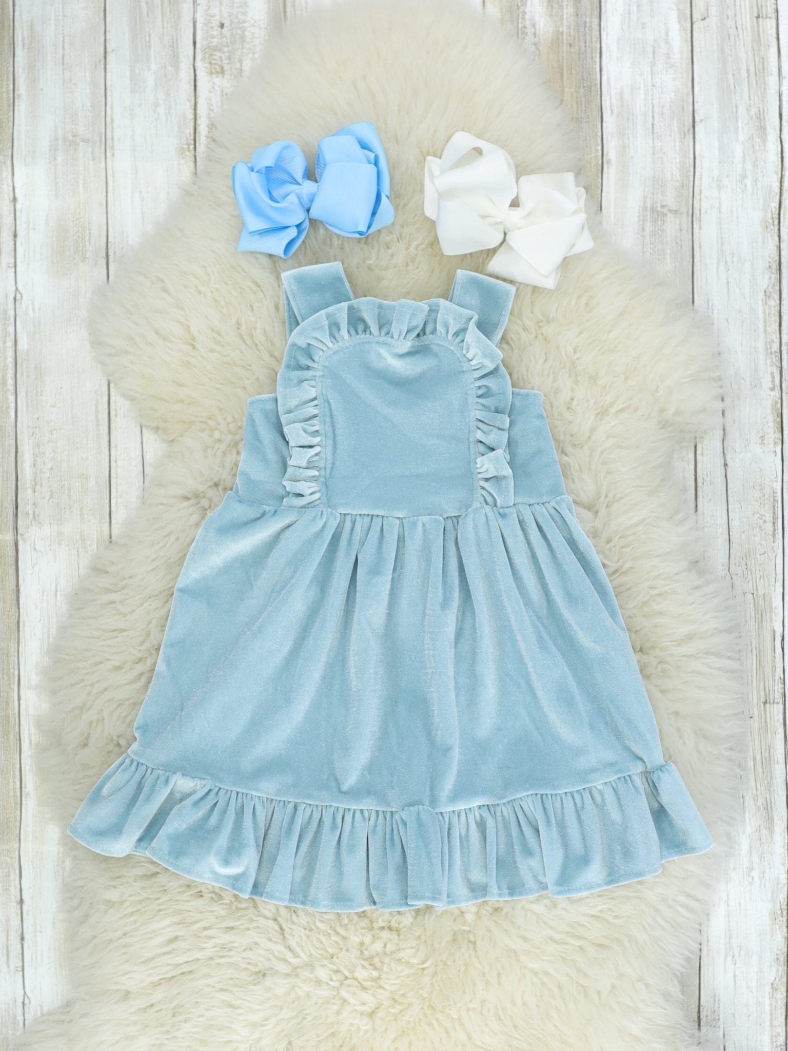 Blue Velvet Ruffle Dress - Marie Nicole Clothing