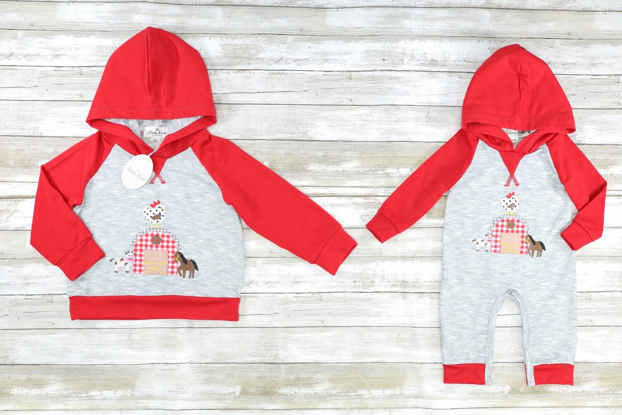 Red Raglan Farm Animal Hooded Romper - Marie Nicole Clothing