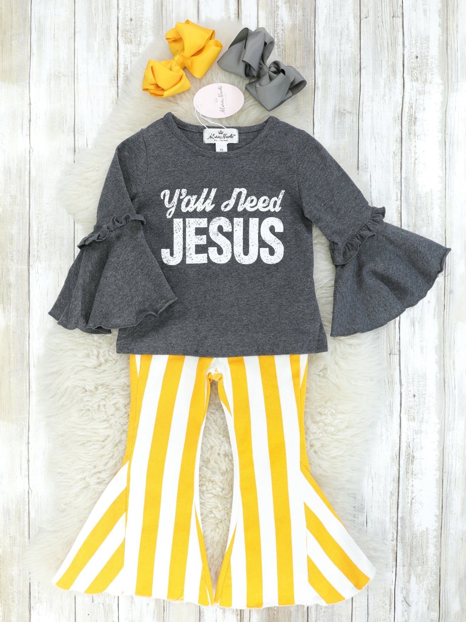 "Y'all Need Jesus" Ruffle Top & Yellow Striped Bell Bottoms Outfit - Marie Nicole Clothing