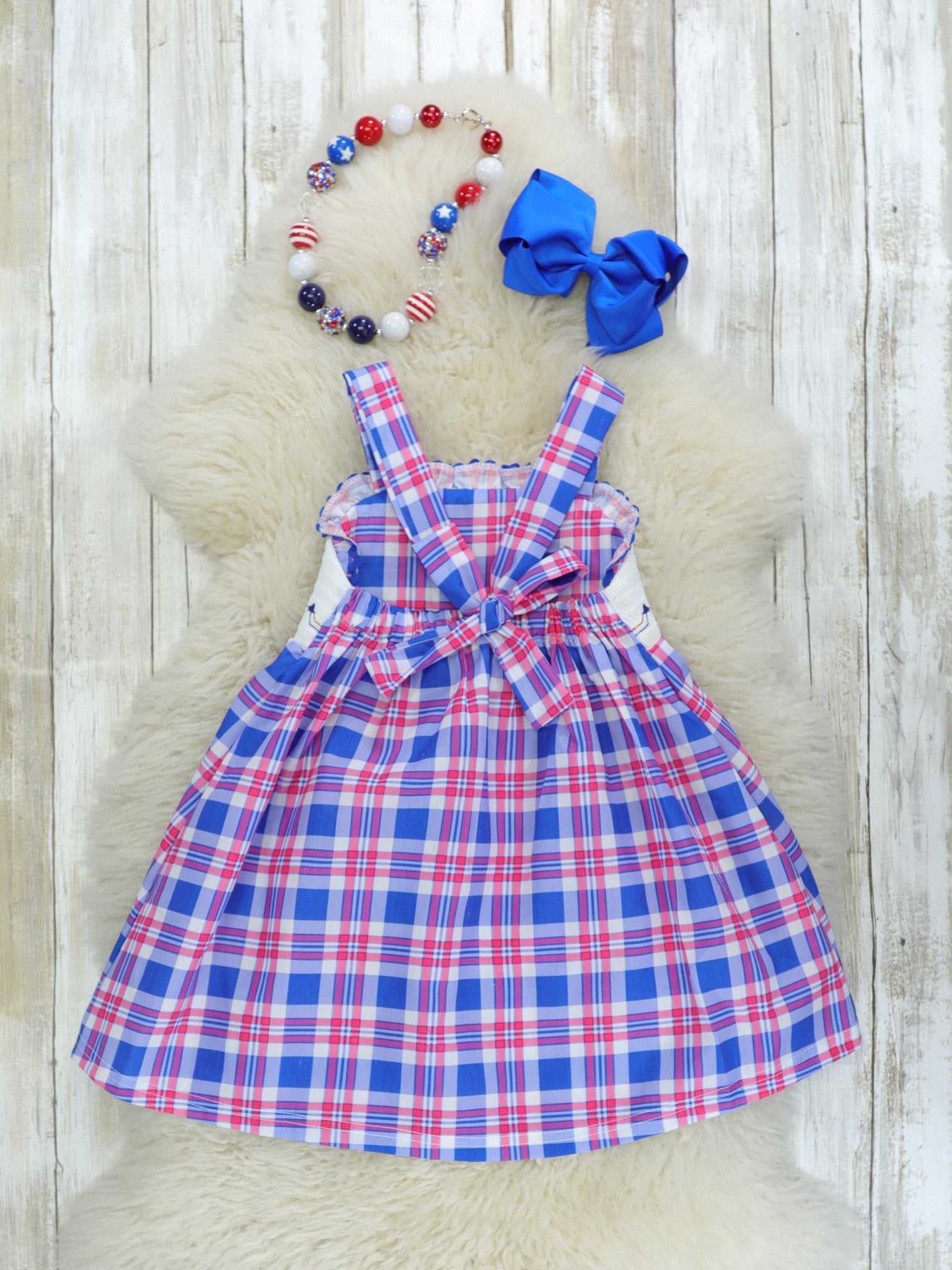 Flag Smocked Plaid Ruffle Dress - Marie Nicole Clothing