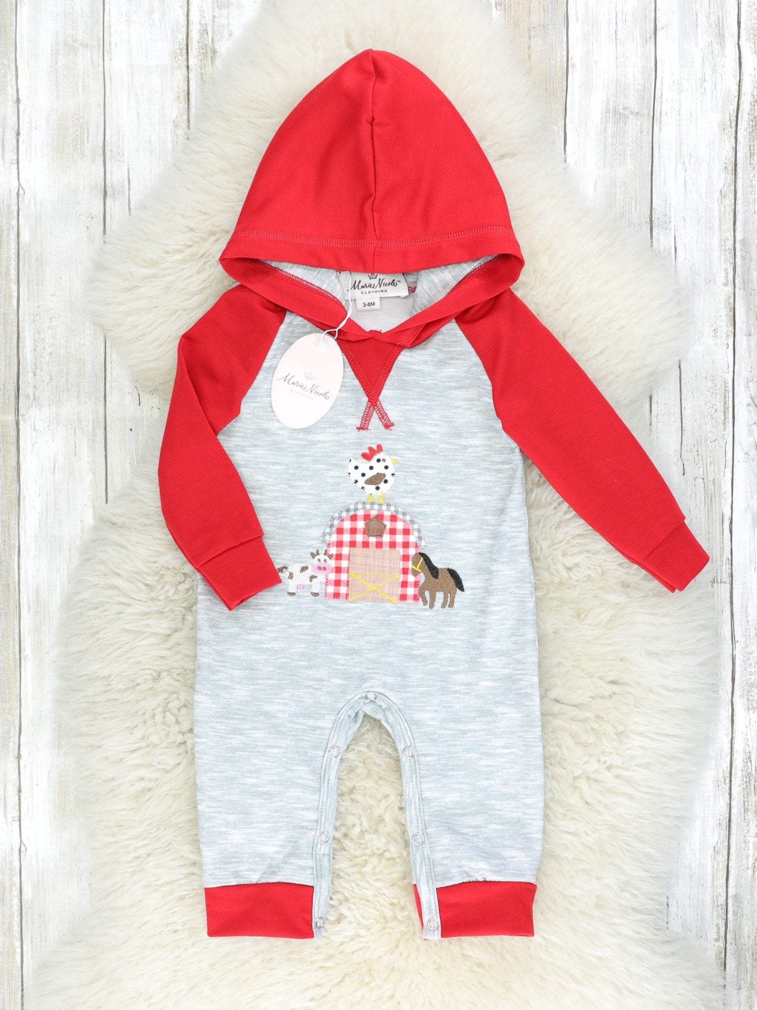 Red Raglan Farm Animal Hooded Romper - Marie Nicole Clothing