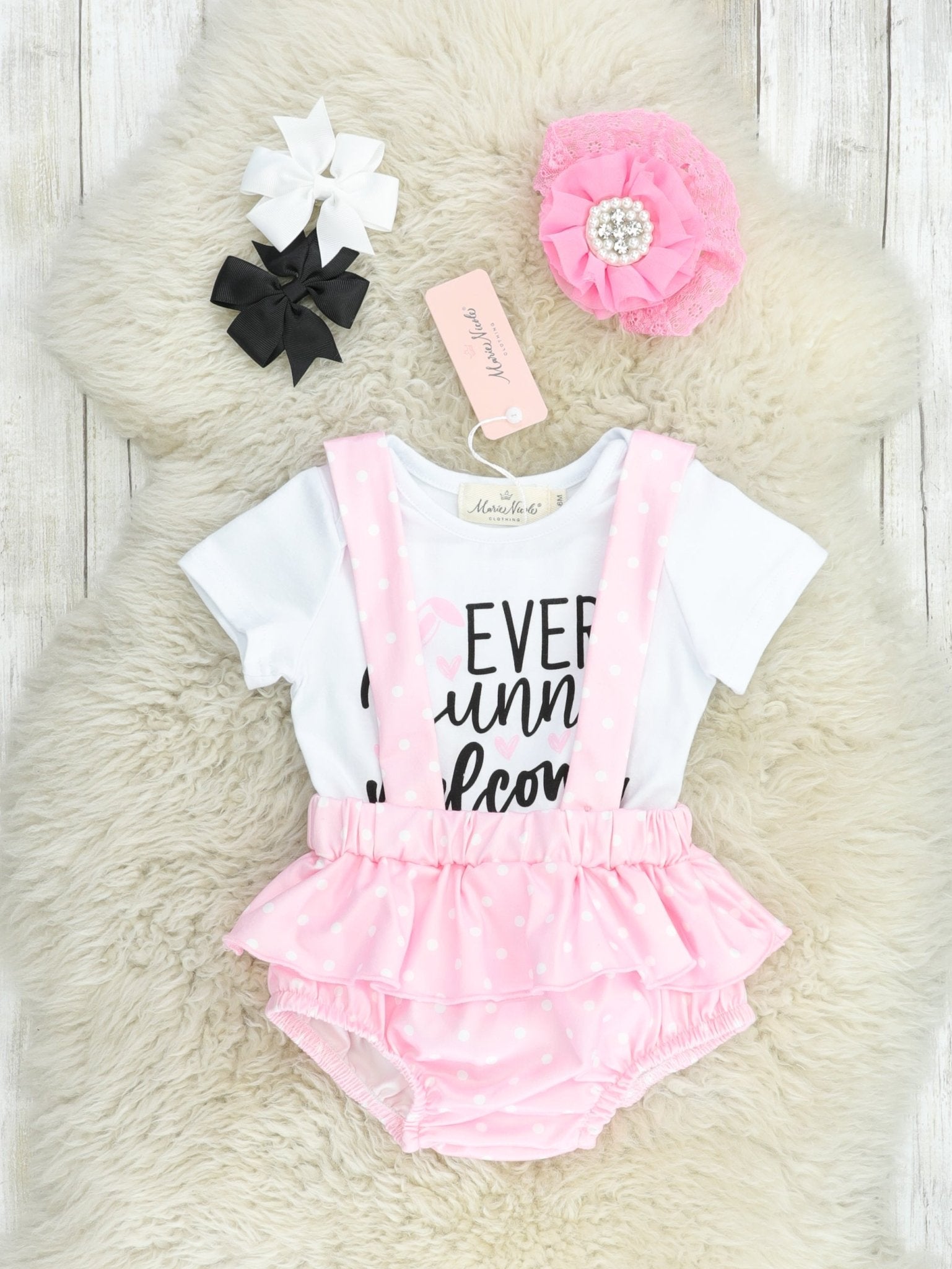 "Every Bunny Welcome" Onesie & Overall Bloomers Set - Marie Nicole Clothing