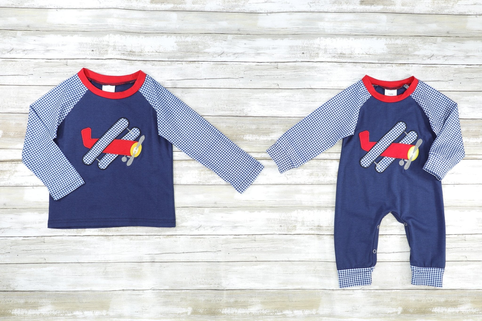 Navy Gingham Airplane Raglan Shirt - Marie Nicole Clothing
