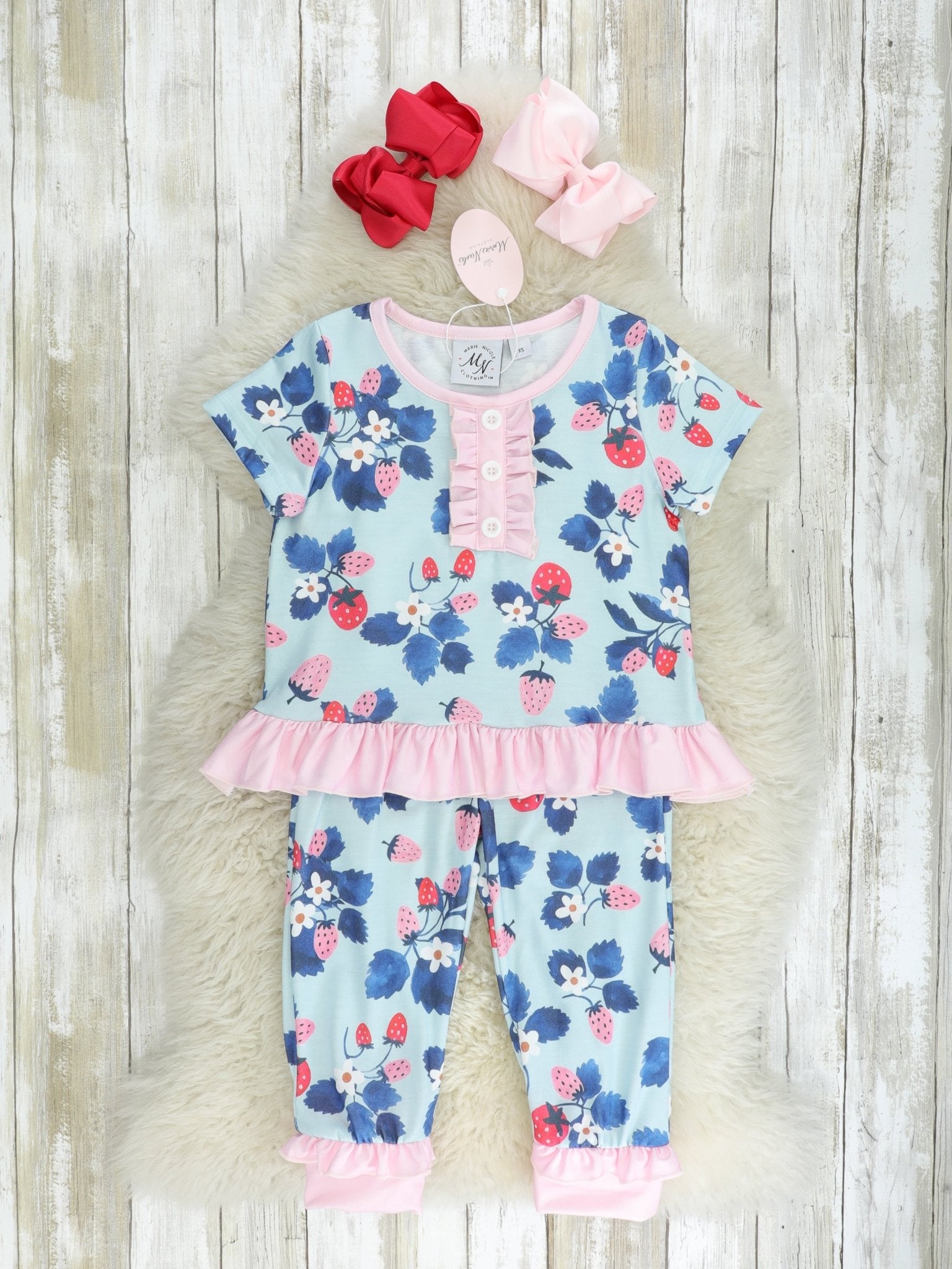 Blue Strawberry Ruffle Pajamas - Marie Nicole Clothing
