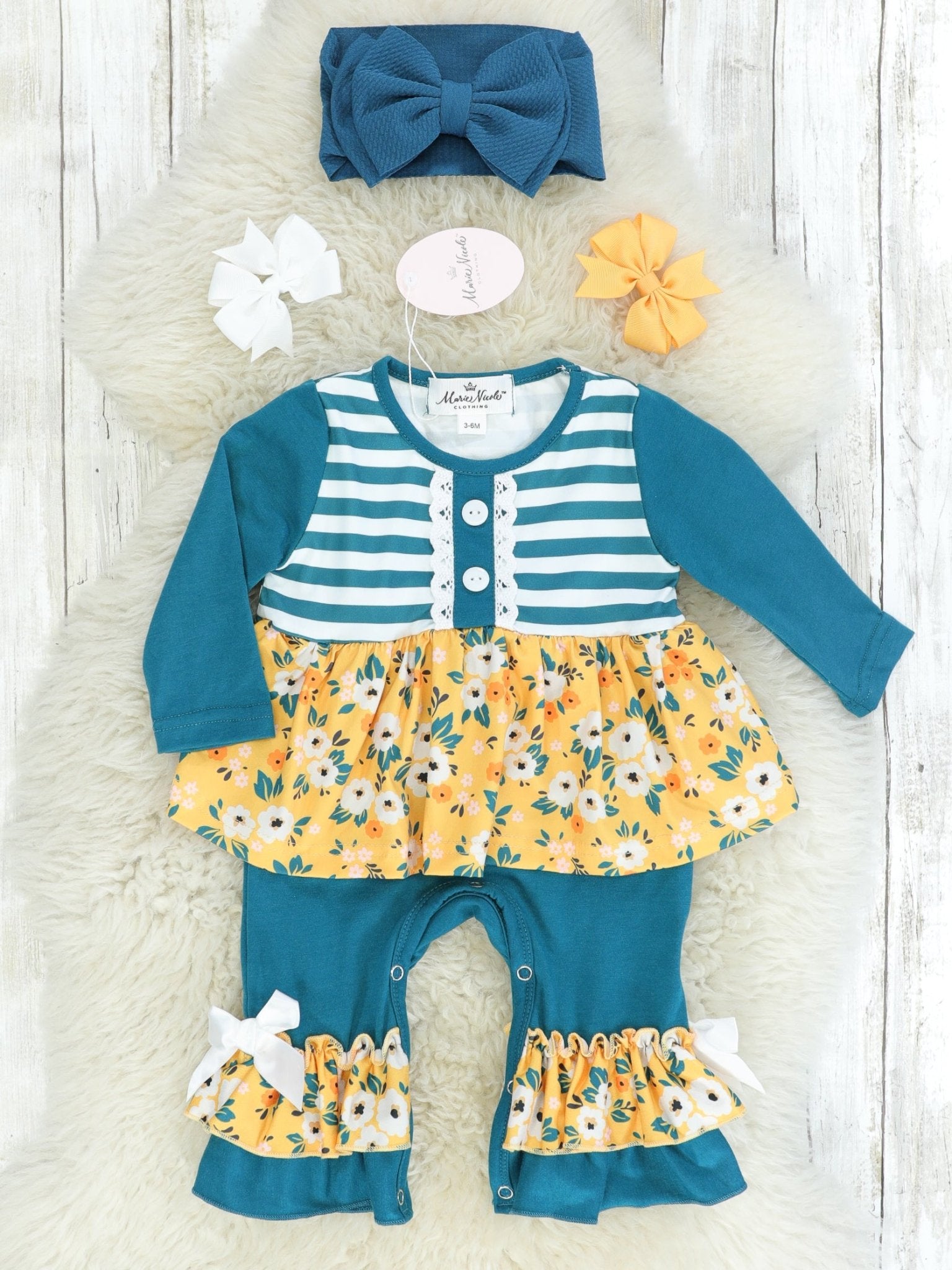 Peacock Blue Striped & Floral Ruffle Romper - Marie Nicole Clothing