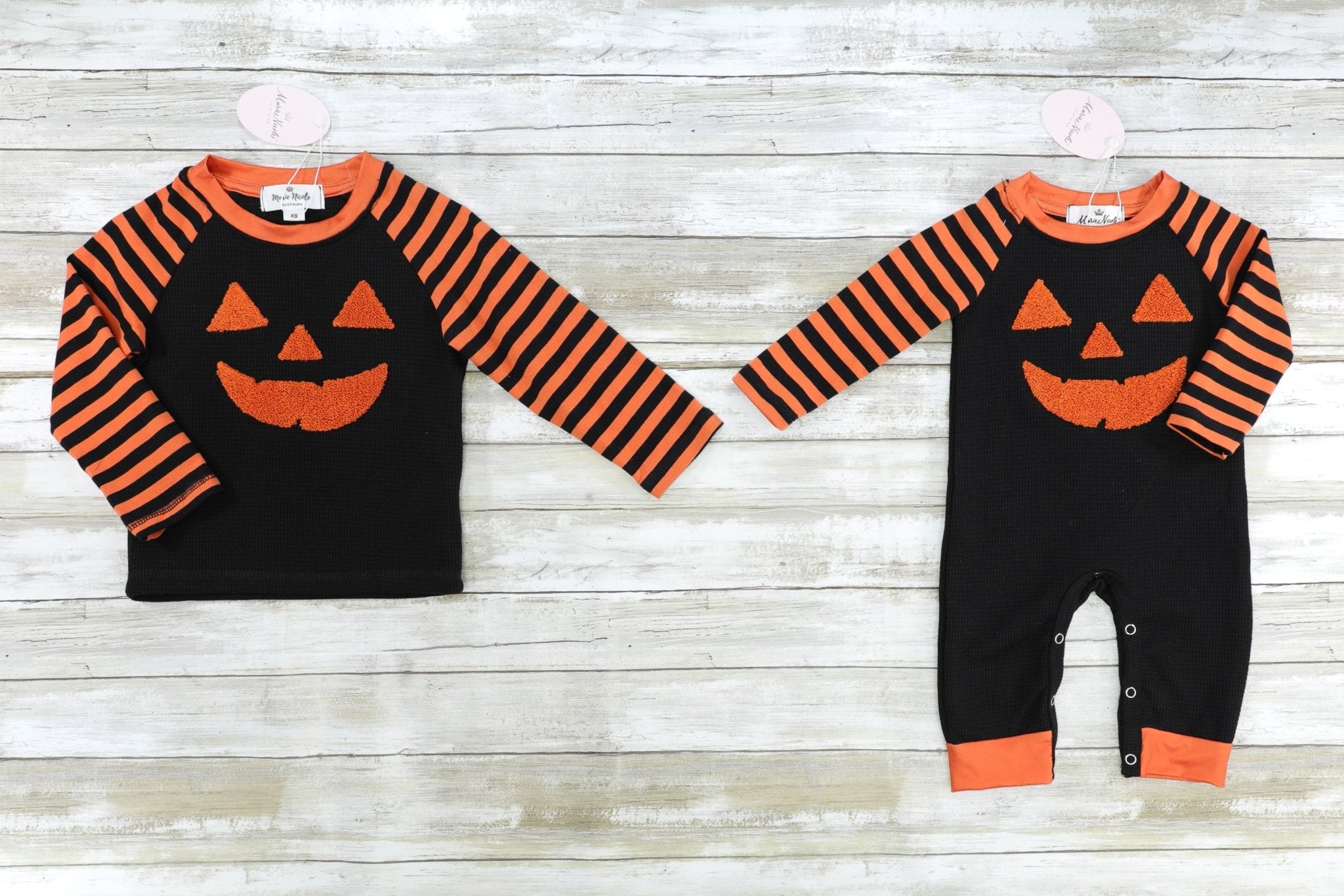 Orange & Black Striped Jack - O - Lantern Romper - Marie Nicole Clothing