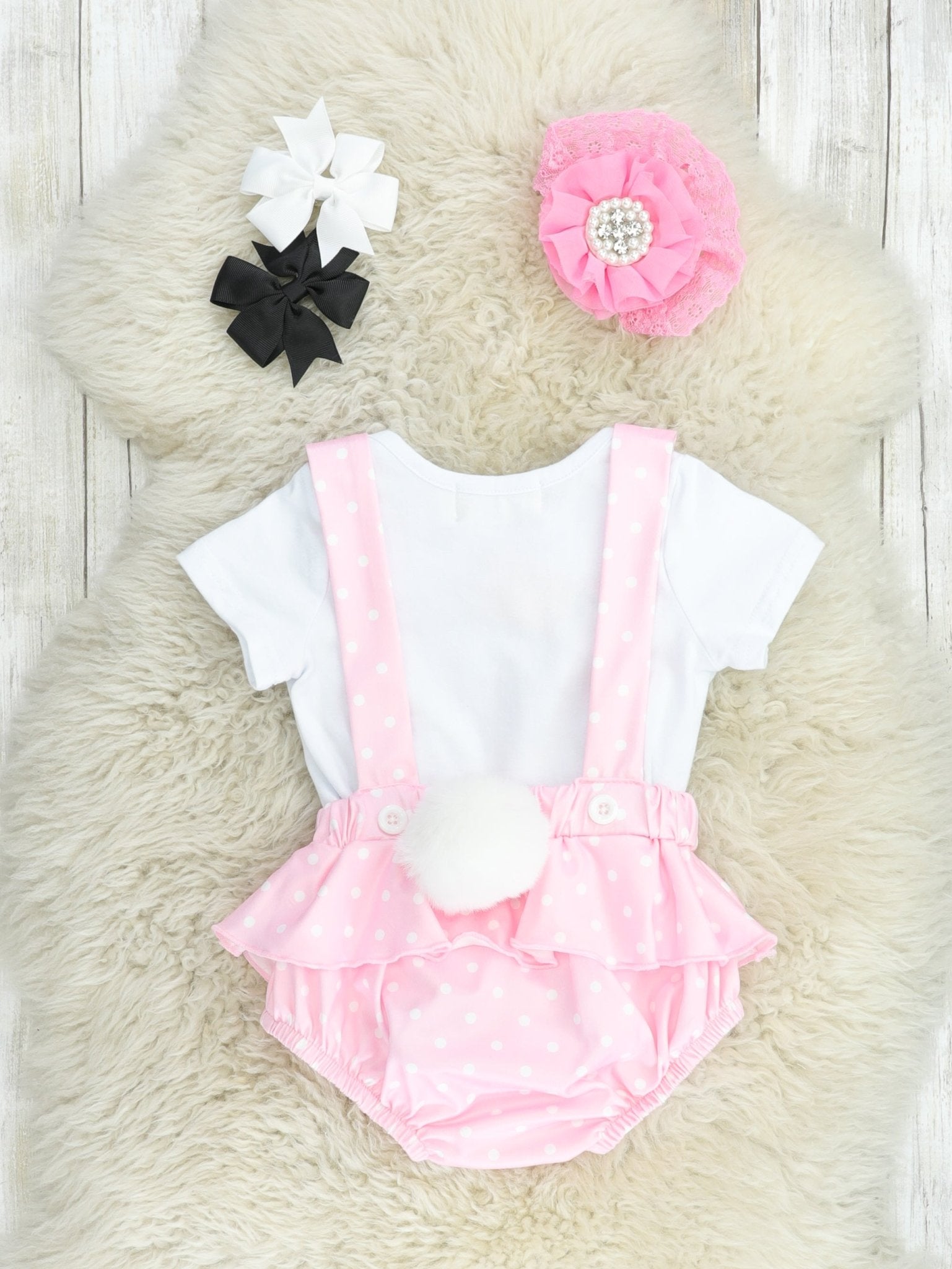 "Every Bunny Welcome" Onesie & Overall Bloomers Set - Marie Nicole Clothing