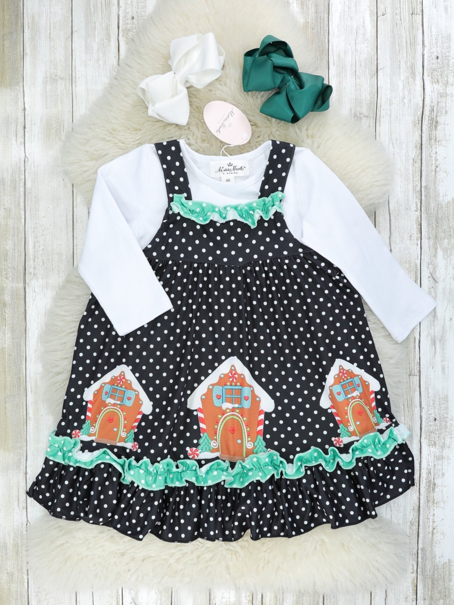 Black Polka Dot Gingerbread Dress W/ White Shirt - Marie Nicole Clothing