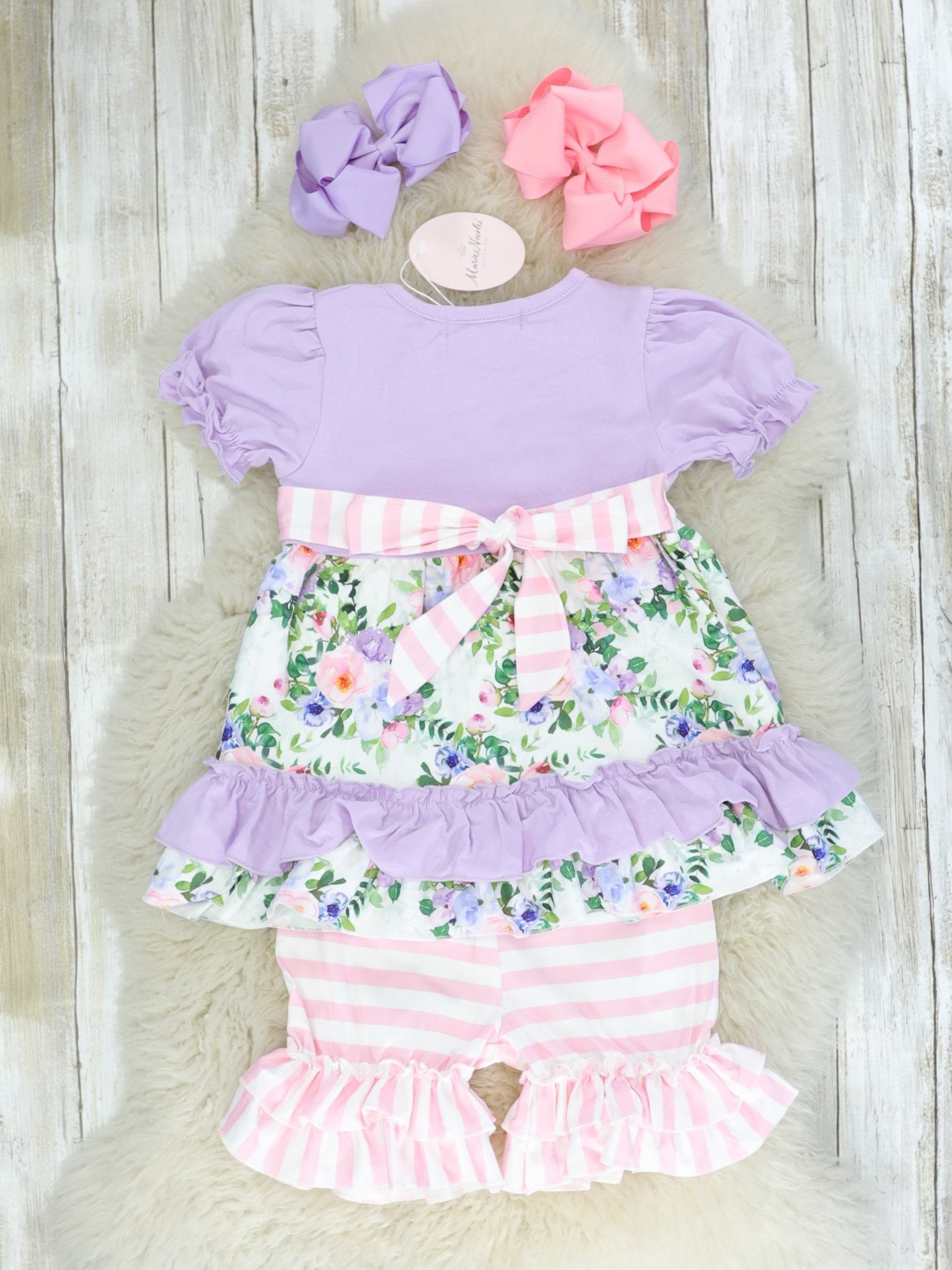 Purple Floral & Pink Striped Ruffle Outfit - Marie Nicole Clothing