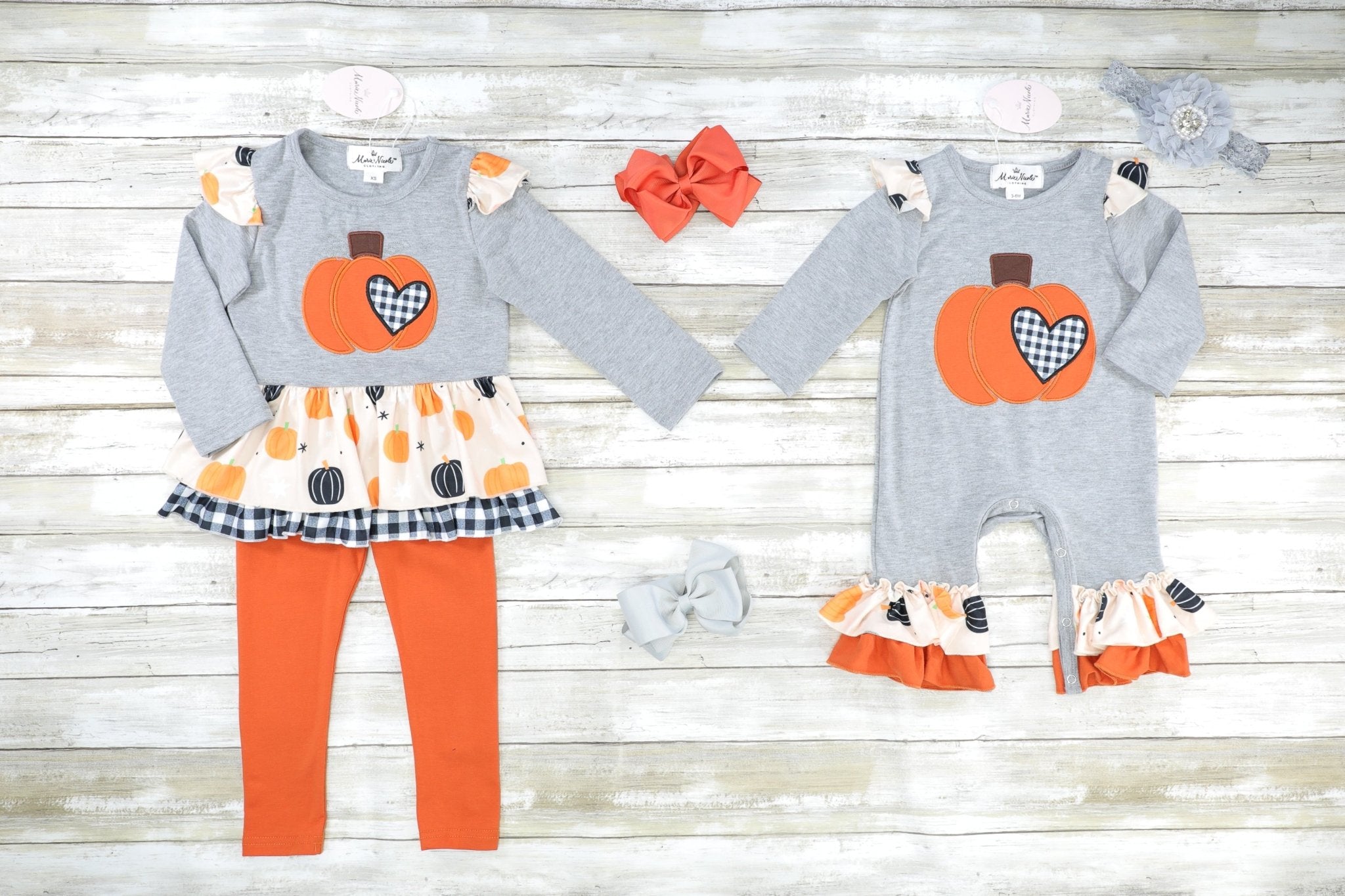 Gingham Heart Pumpkin Ruffle Top & Orange Bottoms Outfit - Marie Nicole Clothing