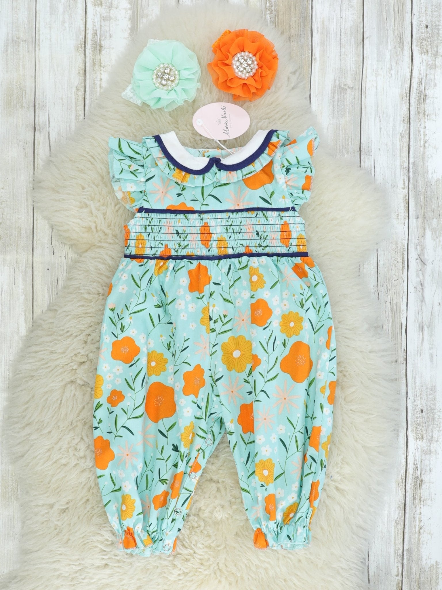 Blue, Orange, & Yellow Floral Smocked Romper - Marie Nicole Clothing