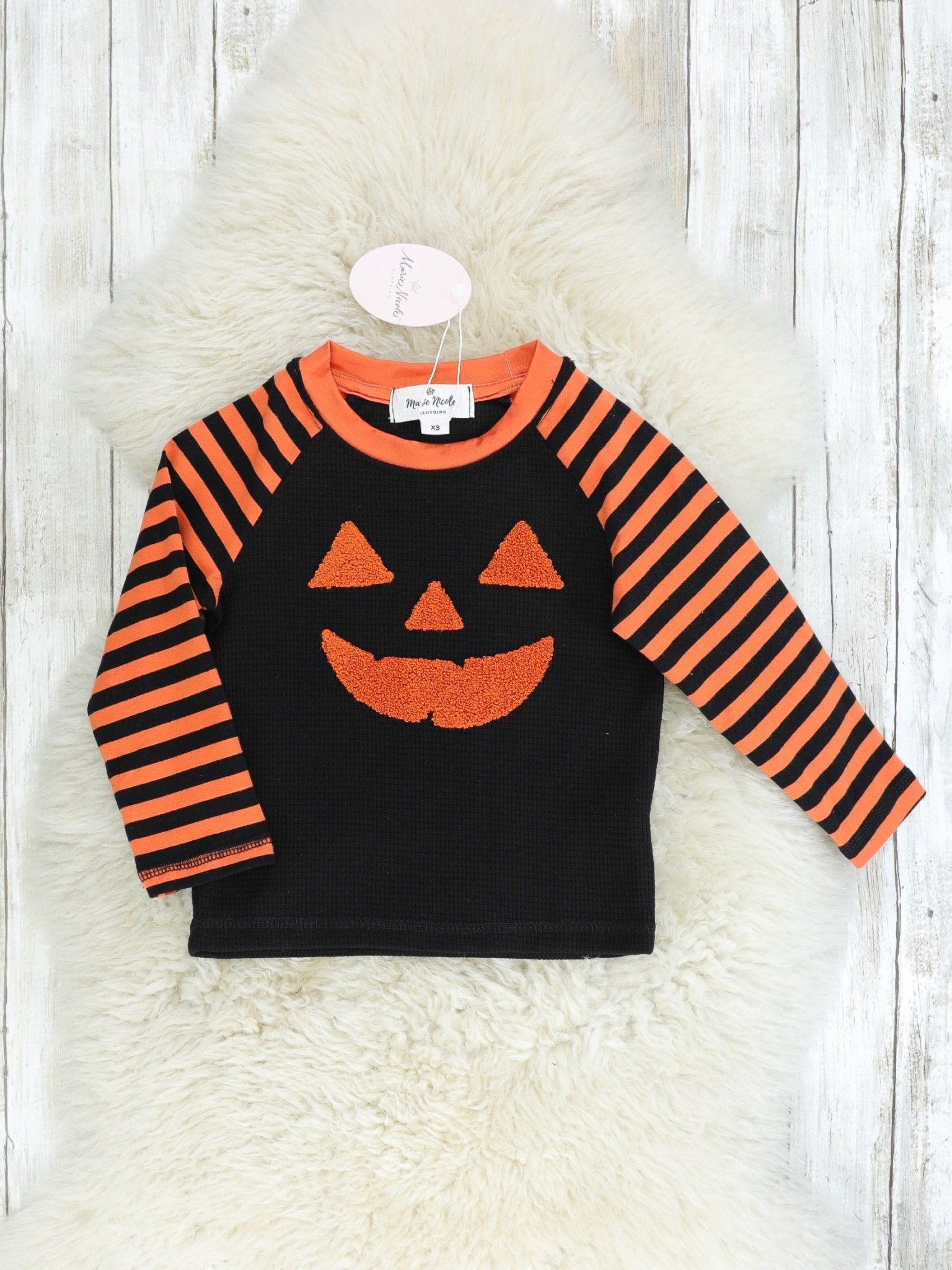 Orange & Black Striped Jack - O - Lantern Long Sleeve Shirt - Marie Nicole Clothing