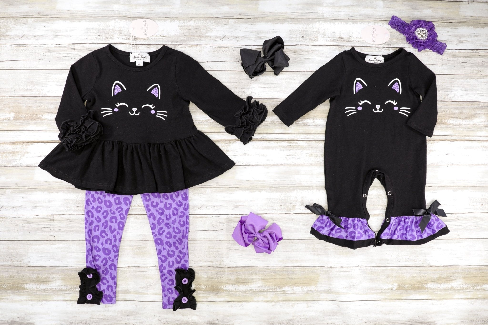 Black Cat Ruffle Peplum Top & Purple Leopard Print Bottoms Outfit - Marie Nicole Clothing