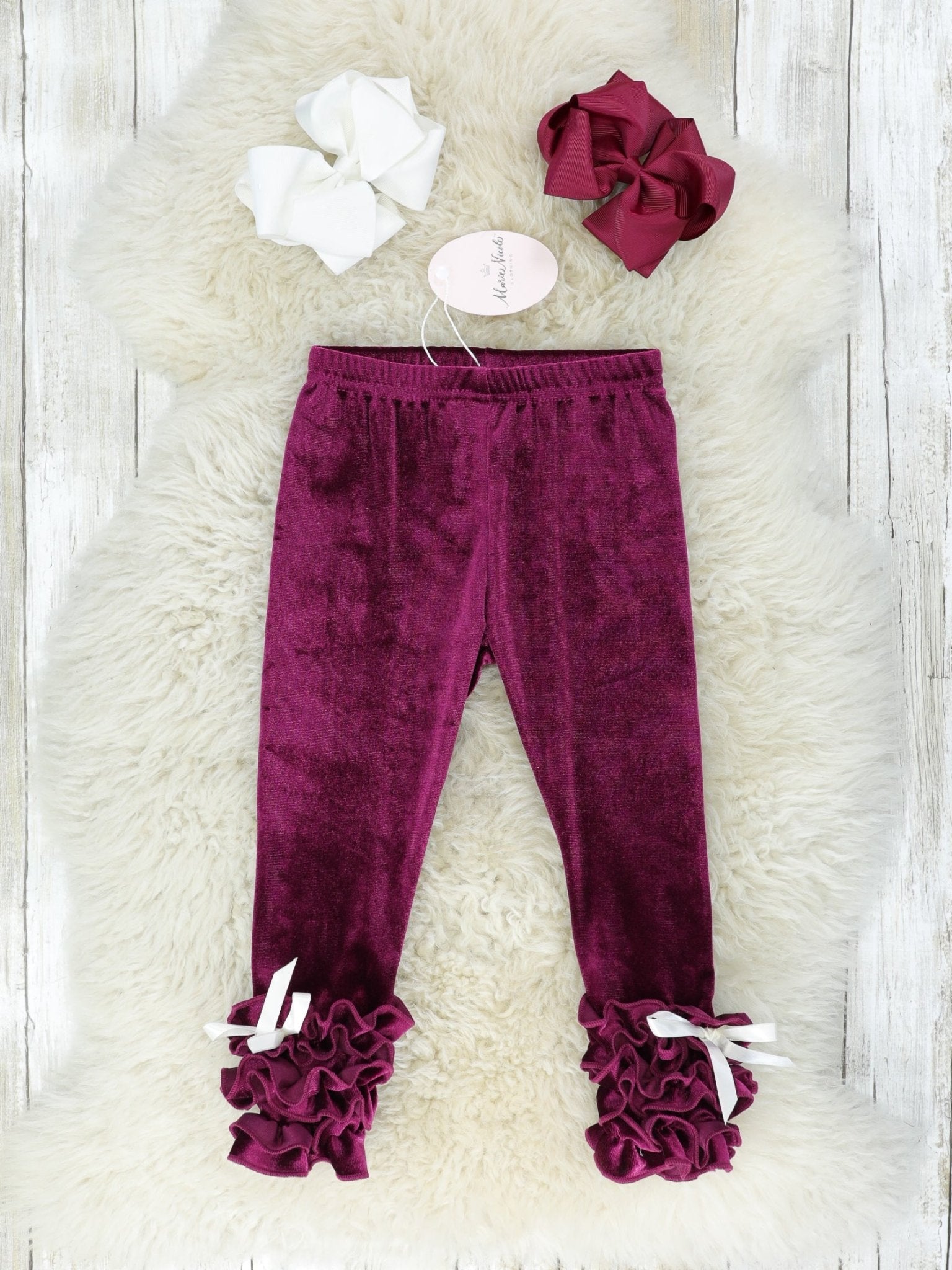 Maroon Velvet Ruffle Leggings - Marie Nicole Clothing