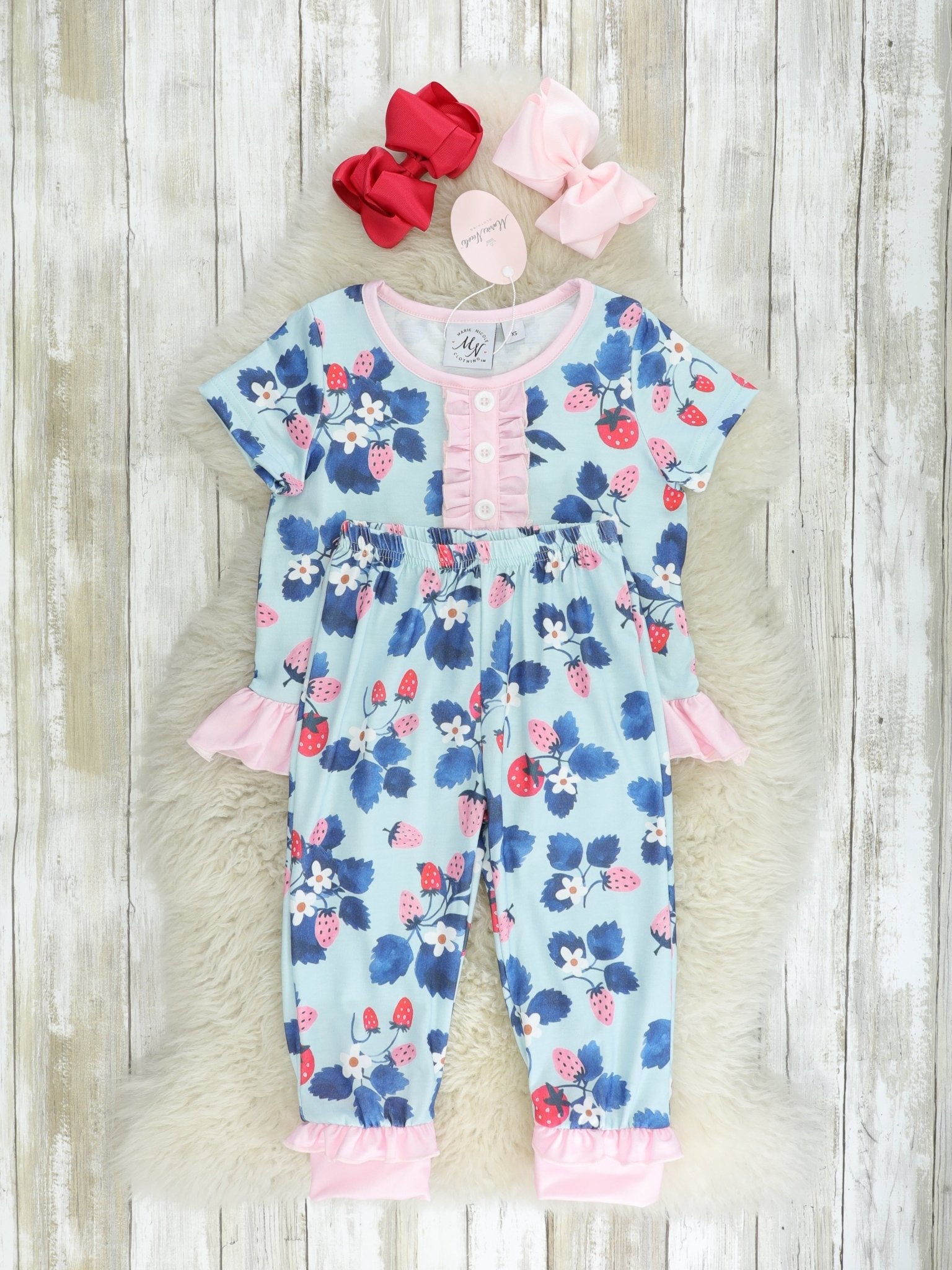 Blue Strawberry Ruffle Pajamas - Marie Nicole Clothing