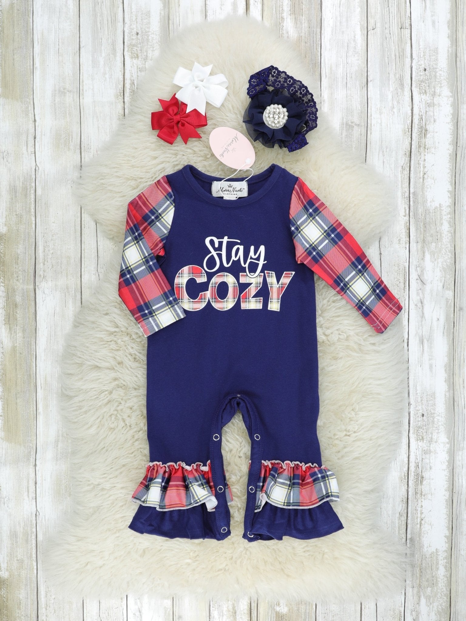 Navy & Red "Stay Cozy" Plaid Ruffle Raglan Romper - Marie Nicole Clothing