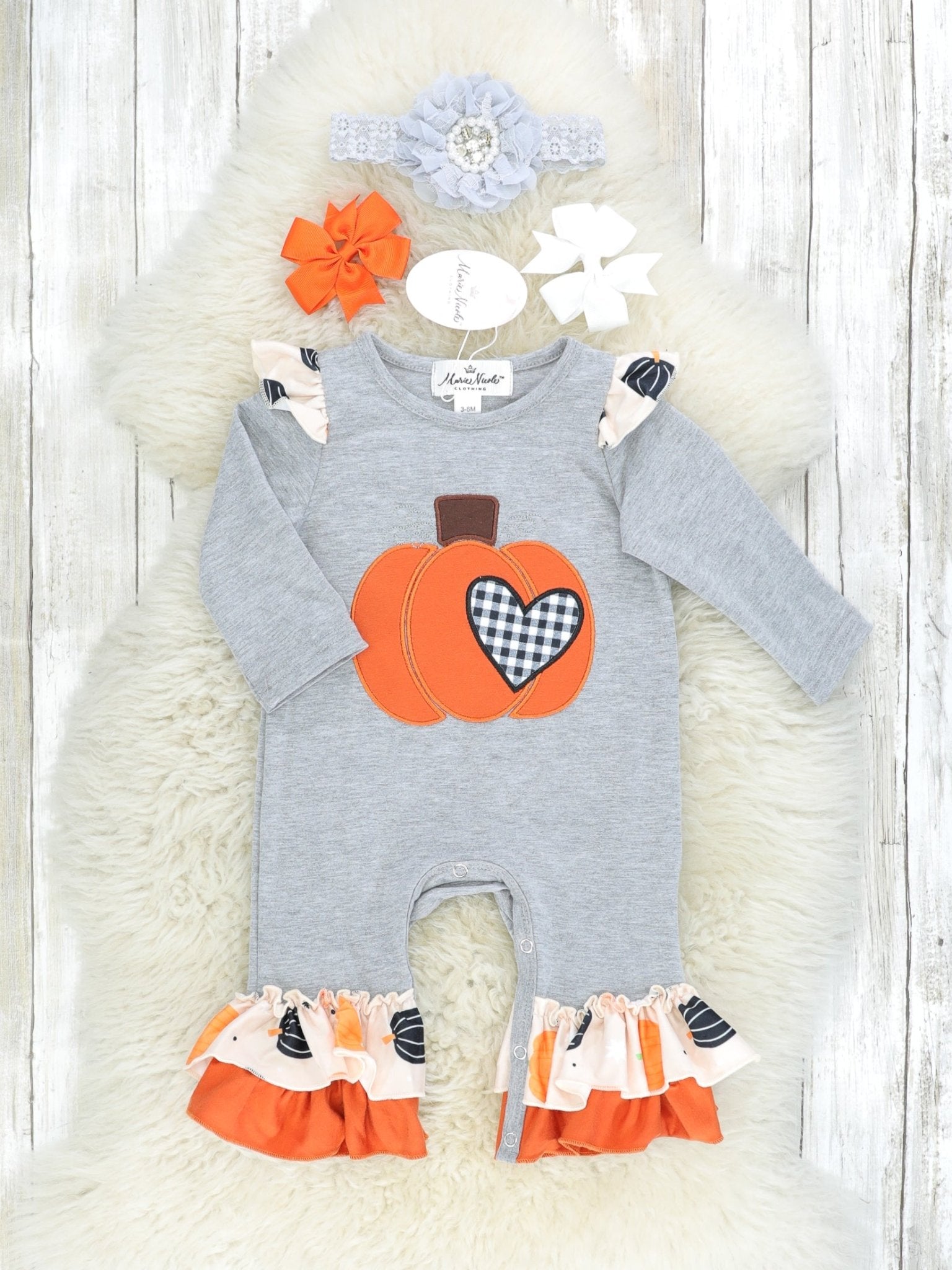 Gingham Heart Pumpkin Ruffle Romper - Marie Nicole Clothing