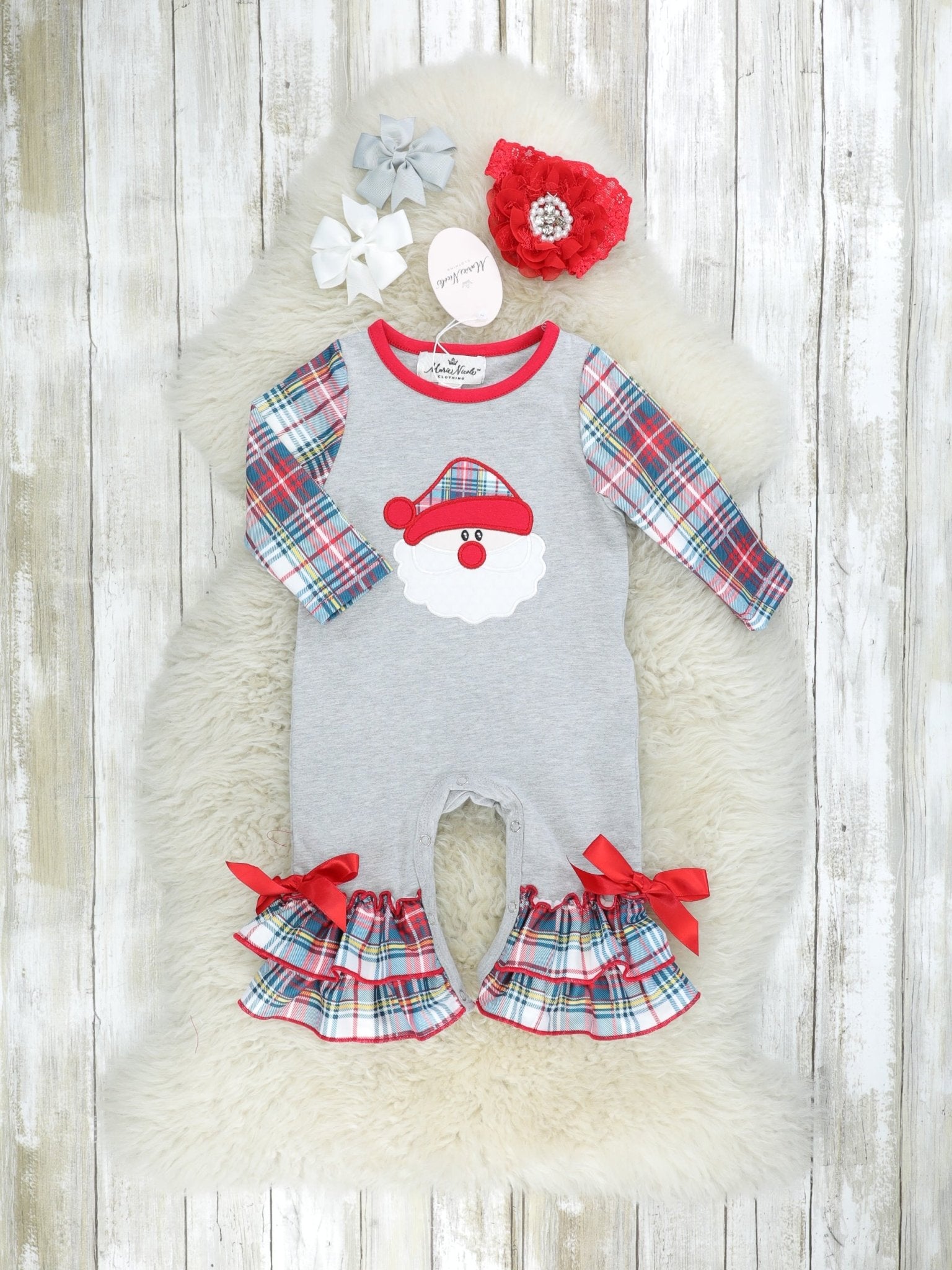 Blue Plaid Santa Ruffle Romper - Marie Nicole Clothing