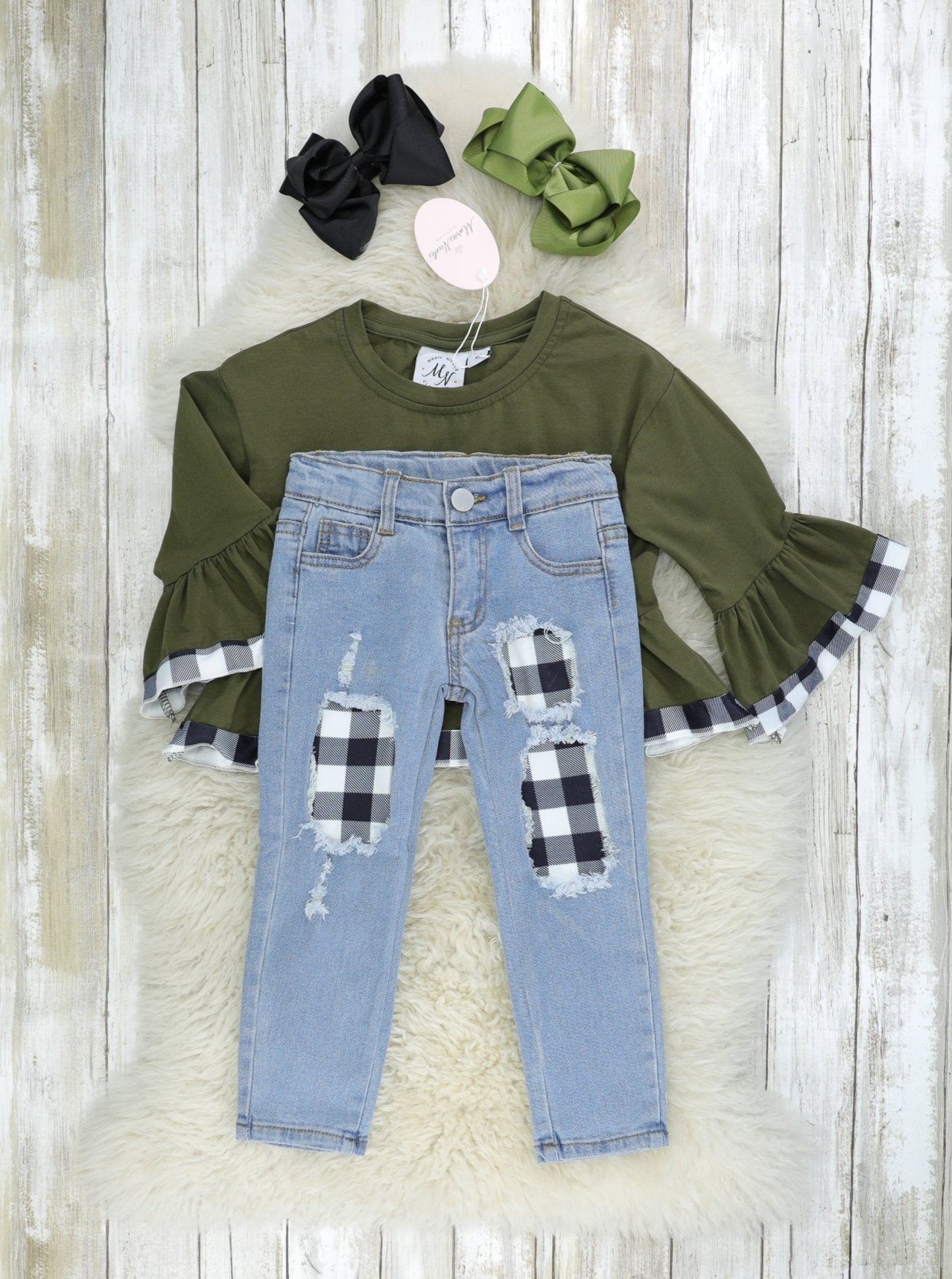Gingham Christmas Bell Sleeve & Denim Outfit - Marie Nicole Clothing