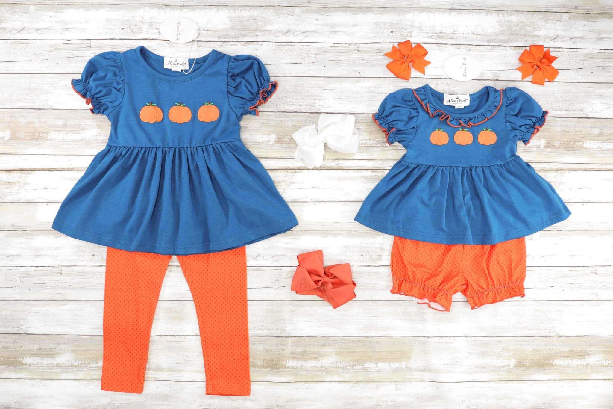 Midnight Blue Pumpkin Ruffle Top & Orange Shorts Outfit - Marie Nicole Clothing