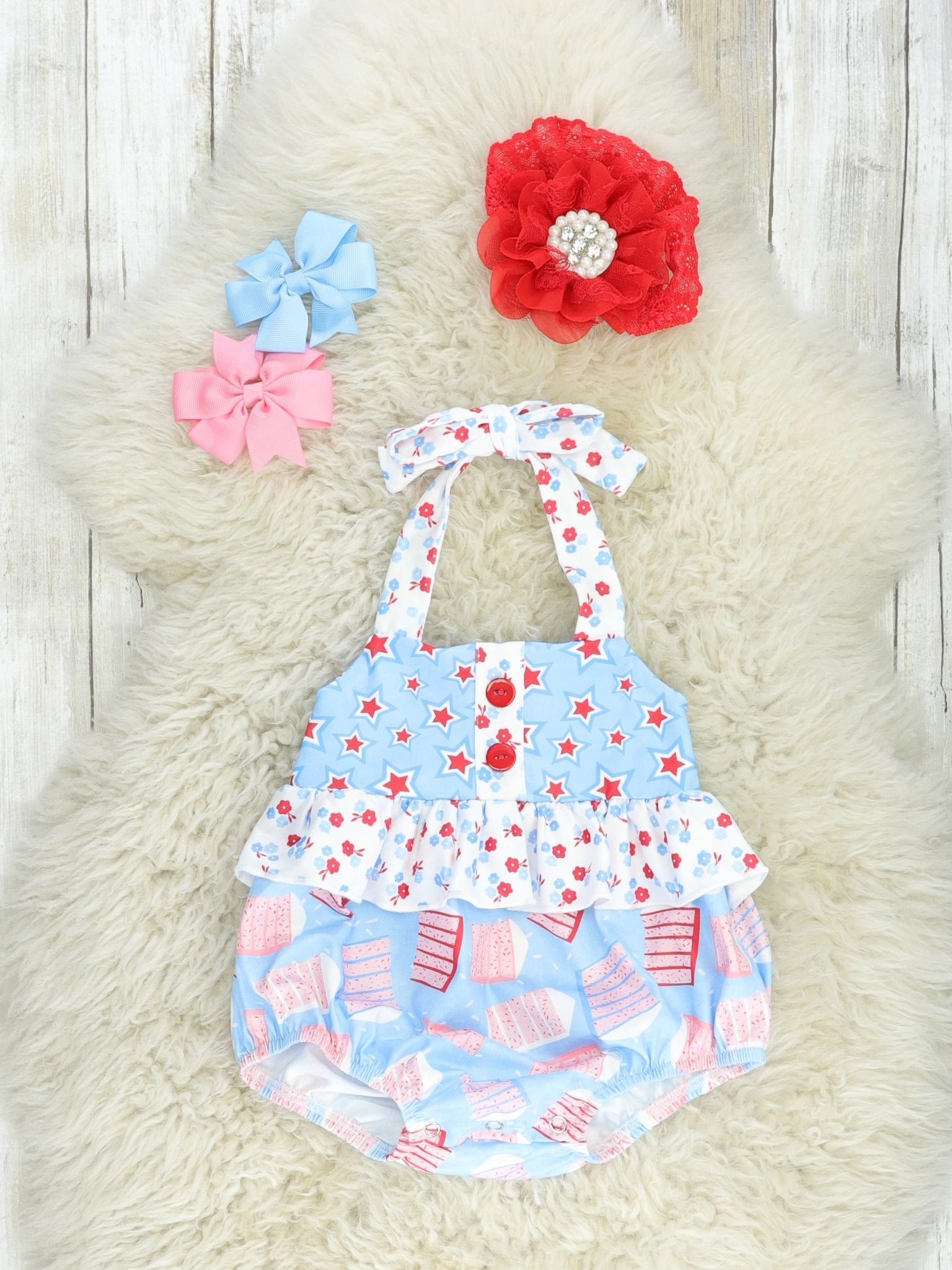 Patriotic Cake Ruffle Tie Bubble Romper - Marie Nicole Clothing