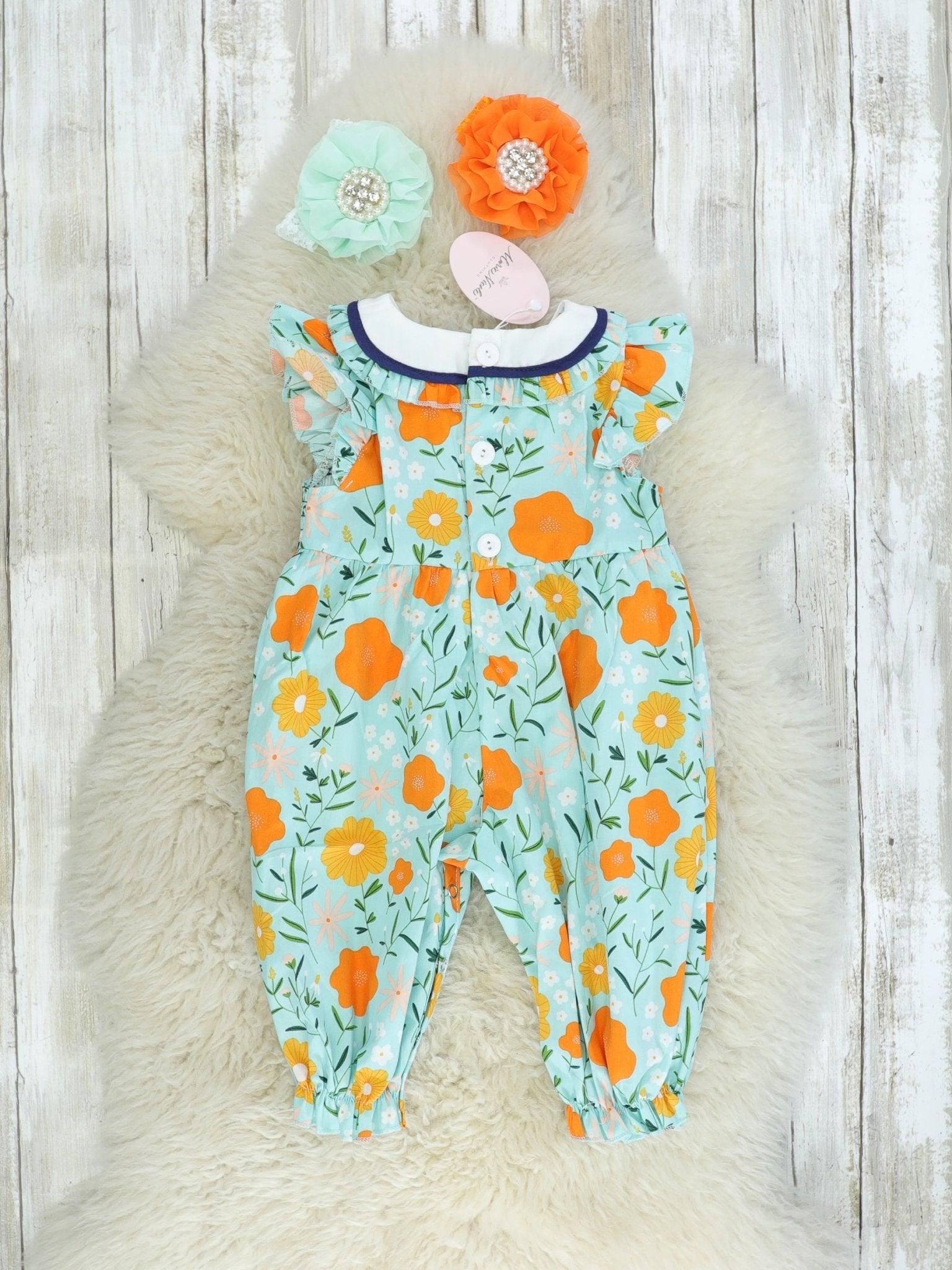 Blue, Orange, & Yellow Floral Smocked Romper - Marie Nicole Clothing