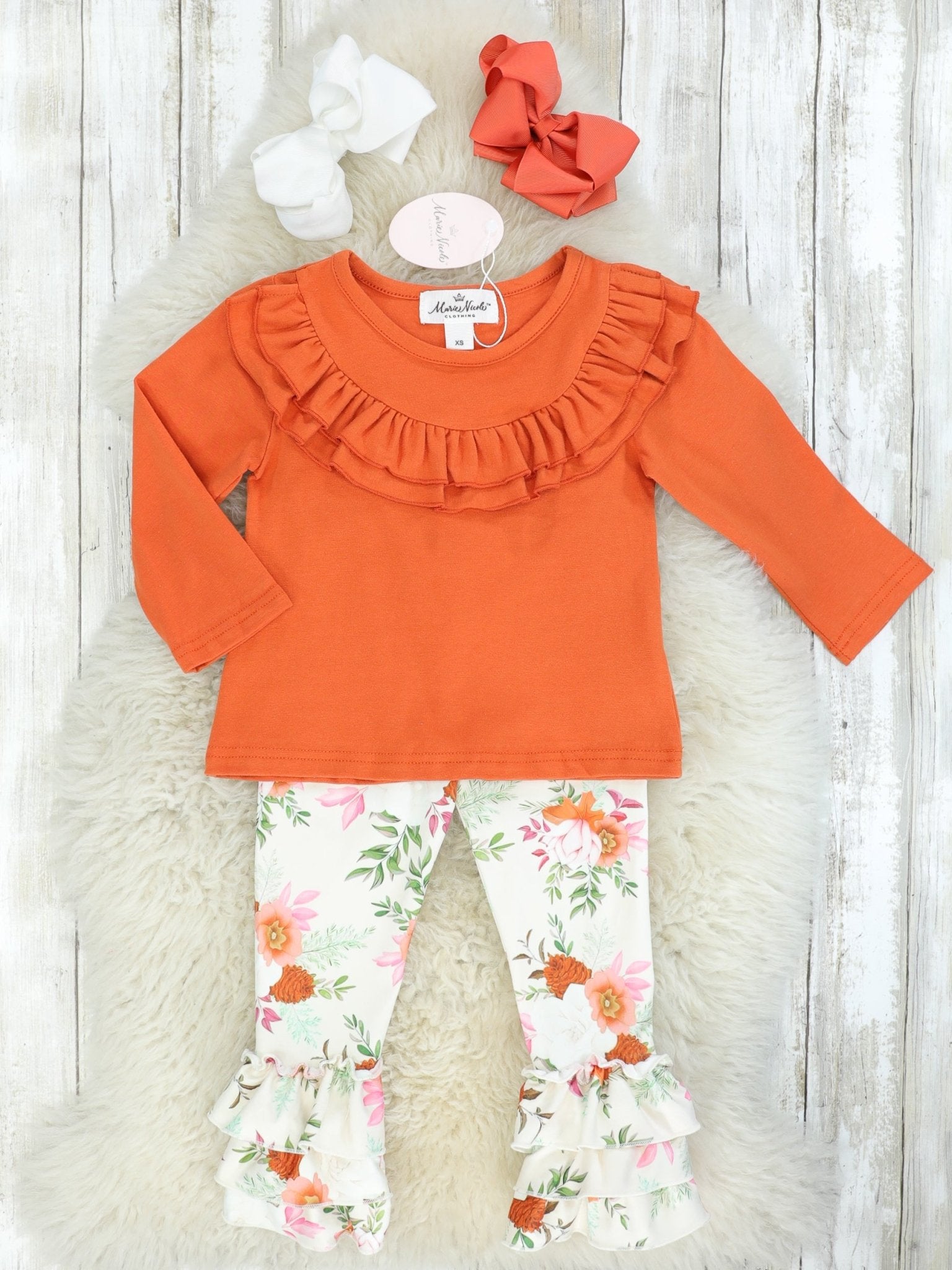 Burnt Orange Ruffle Top & Floral Bottoms - Marie Nicole Clothing