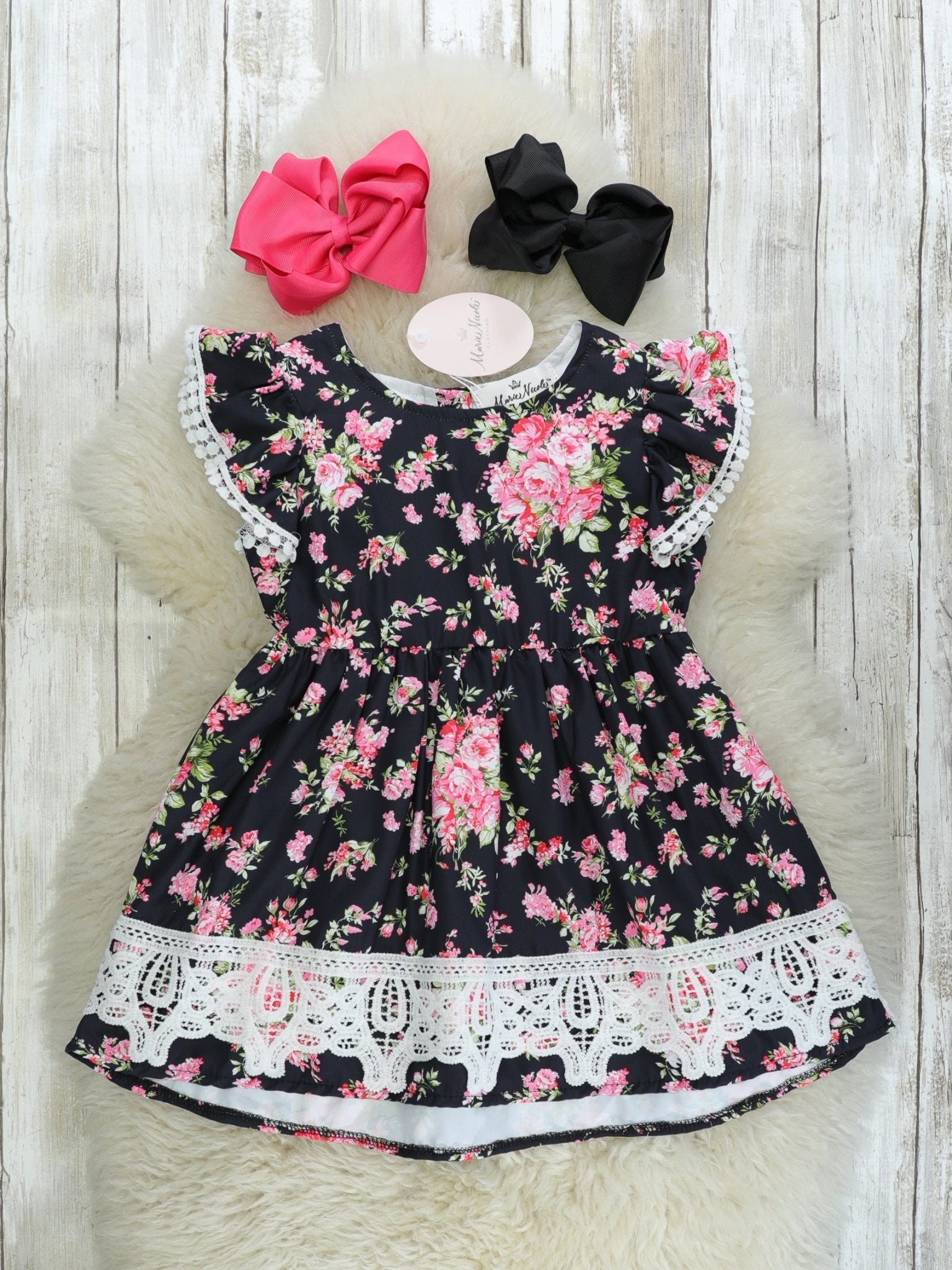 Black & Pink Floral Lace Dress - Marie Nicole Clothing