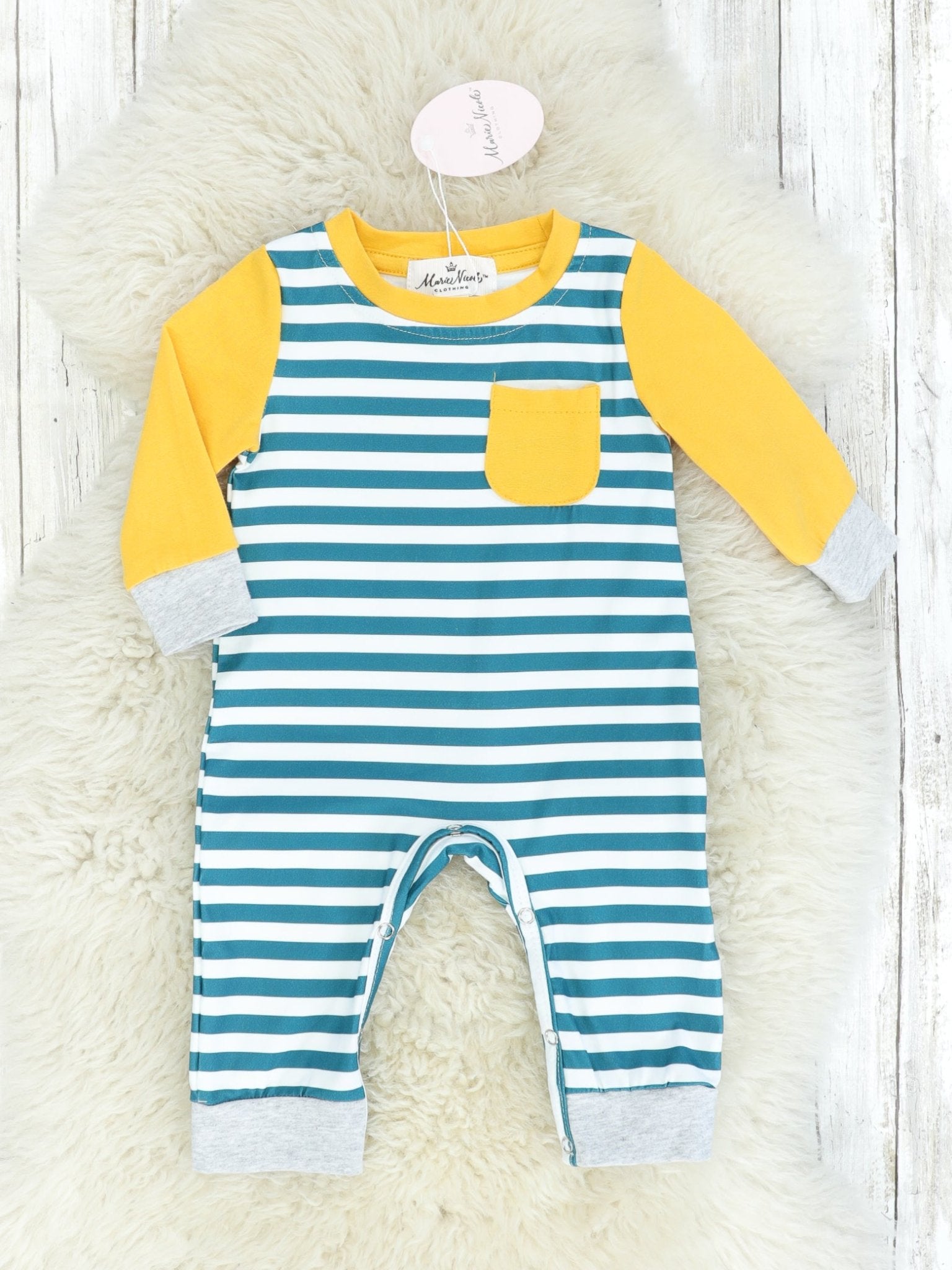 Yellow Pocket Long Sleeve Striped Romper - Marie Nicole Clothing
