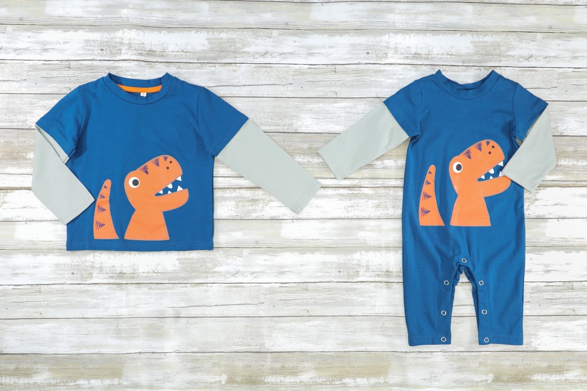 Navy & Orange T - Rex Layered Romper - Marie Nicole Clothing