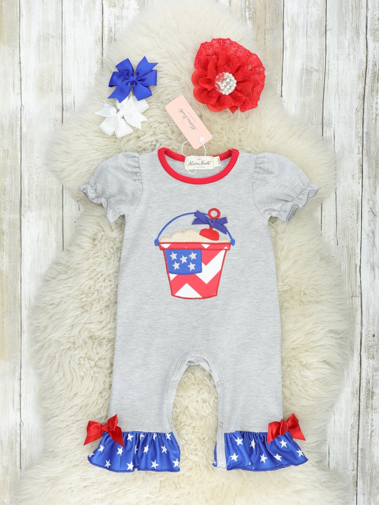 Patriotic Beach Bucket Ruffle Romper - Marie Nicole Clothing