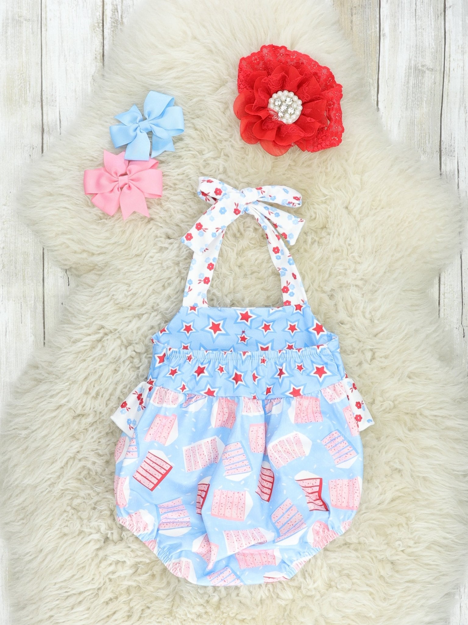 Patriotic Cake Ruffle Tie Bubble Romper - Marie Nicole Clothing