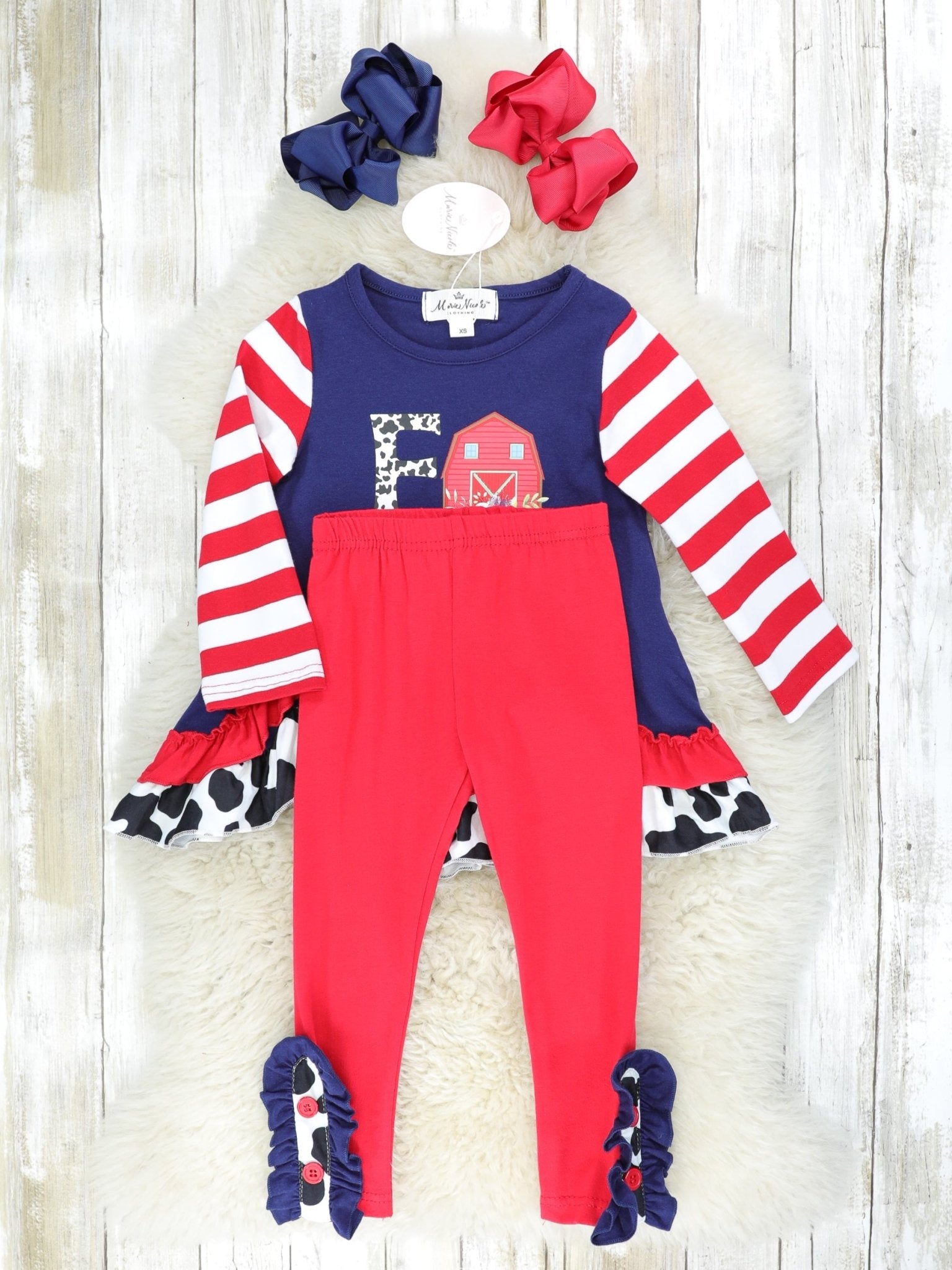 Navy "Farm" Cow Print Ruffle Top & Red Bottoms Outfit - Marie Nicole Clothing
